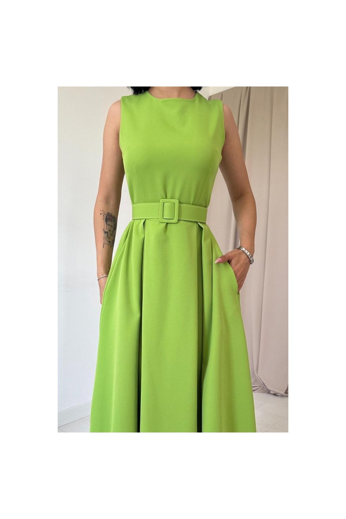 LUCKY LİFE Lucky Life Kadın Fıstık Yeşili Halter Yaka Kloş Elbise