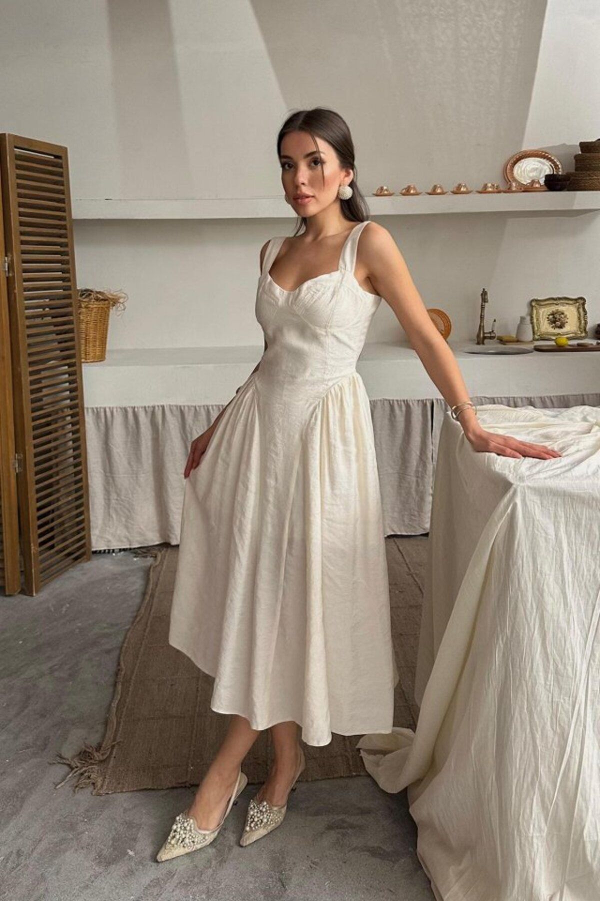 fh fashionhere Bej Yanları Büzgülü Göğüs Kuplu Elbise