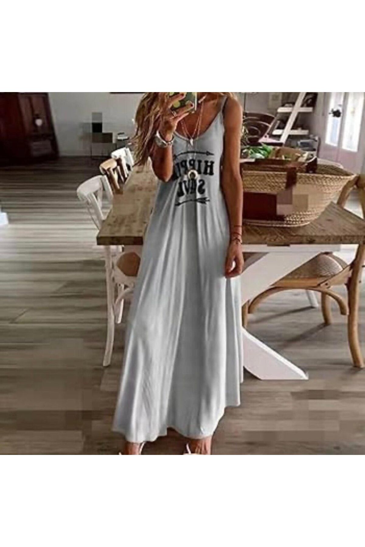 AKNButik Kadın Süprem Kumaş Dijital Baskılı Askılı Maxi Boy Askılı Elbise