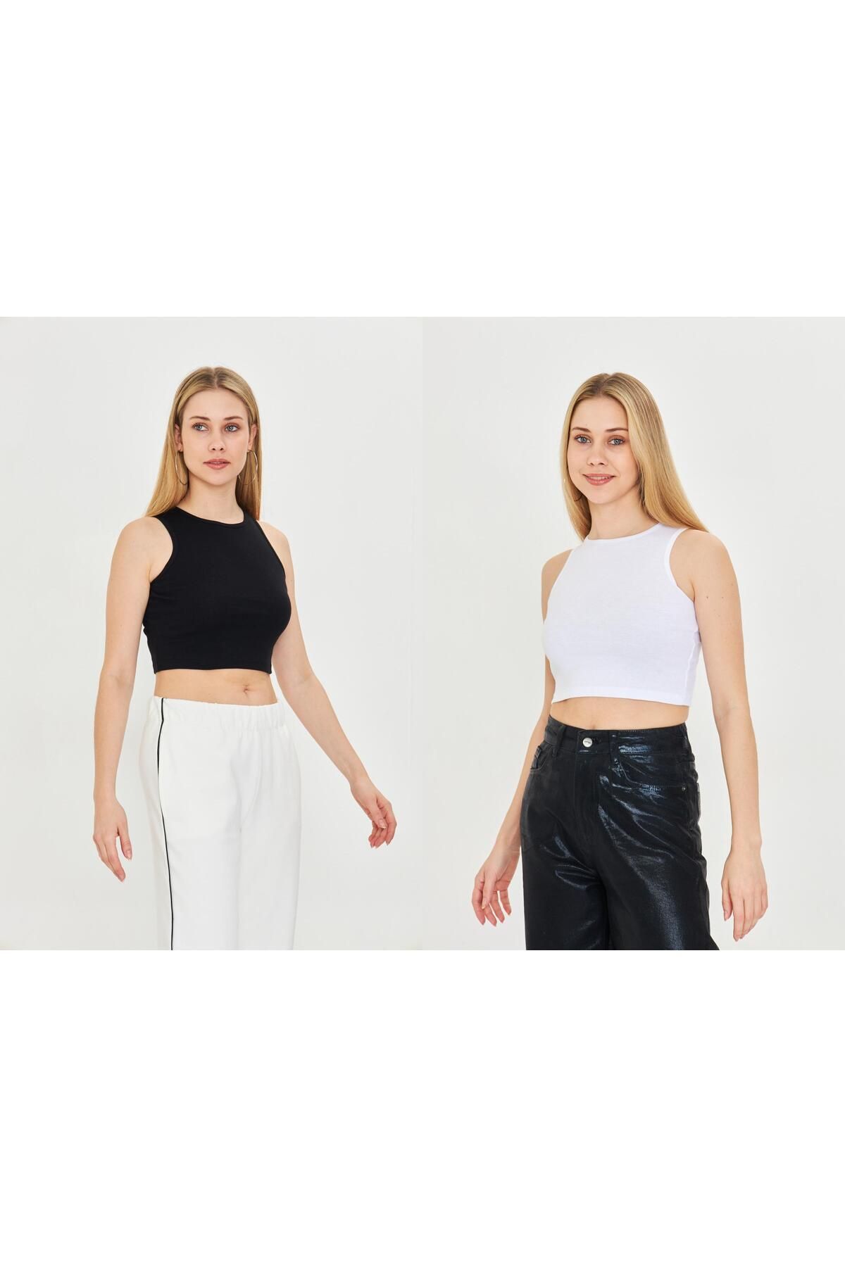 Dİ GİYİM Siyah-Beyaz 2'li Paket Fitted/Vücuda Oturan Crop