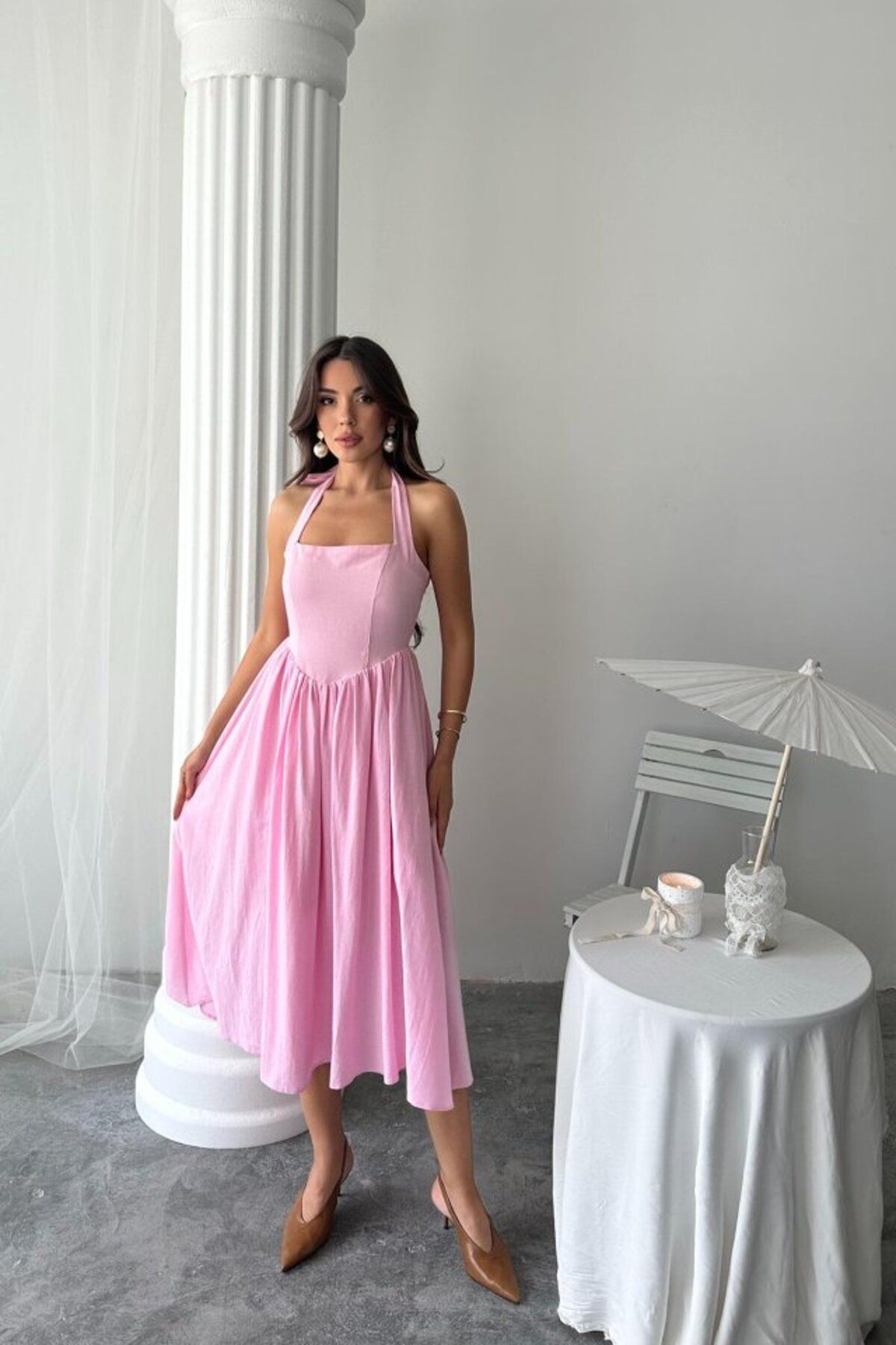 TUA MODA TUA MODA Pembe Boyundan Bağlamalı Keten Elbise