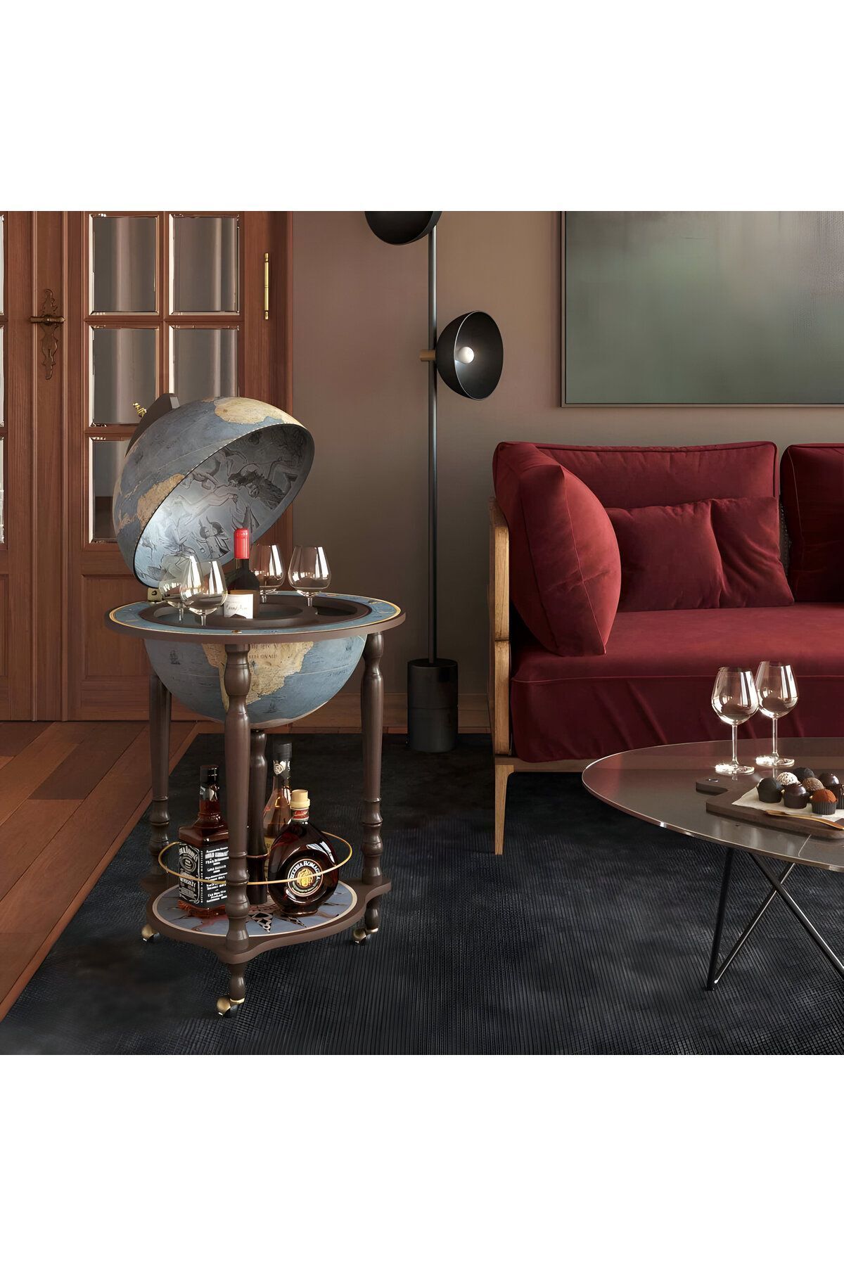 SerenityHaven Zoffoli Da Vinci Blue Dust Dünya Bar İçki Sunum Servis Sehpası, XVIII. Yüzyıl Haritalı (Küre çapı 4