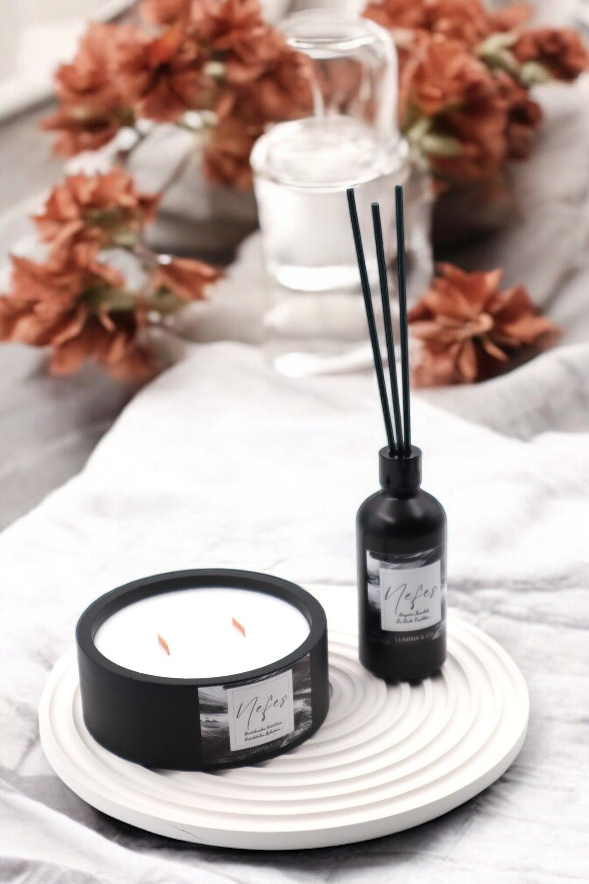 LUMİNA Nefes Oda Kokusu 100 ml ve Mum Seti 200 cc – Premium 6’lı Dekoratif Set (Orman Ferahlığı)