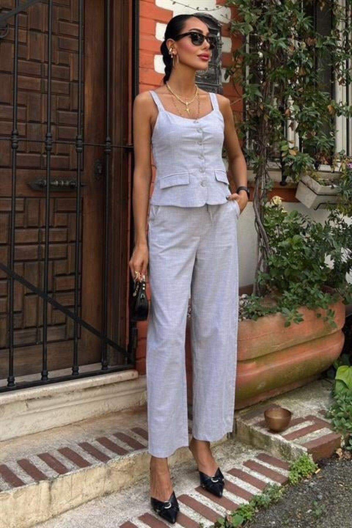 1001moda Kalın Askılı Bluz Pantolon Keten Takım 10187