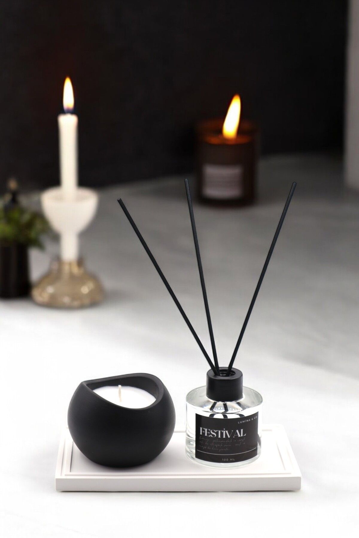 LUMİNA Festival Oda Kokusu 100 ml ve Mum Seti – Siyah & Beyaz Temalı 6’lı Dekoratif Set