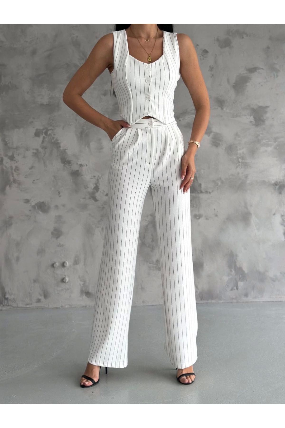 İntive Lingerie Beyaz İnce Siyah Çizgili Palazzo Pantolonlu Business/Smart Casual Yelek Takım