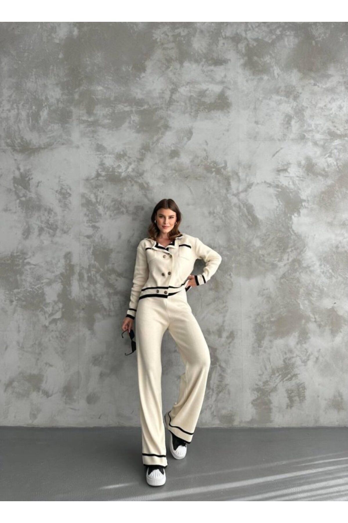 1001moda Şerit Detaylı Hırka Pantolon İkili Takım