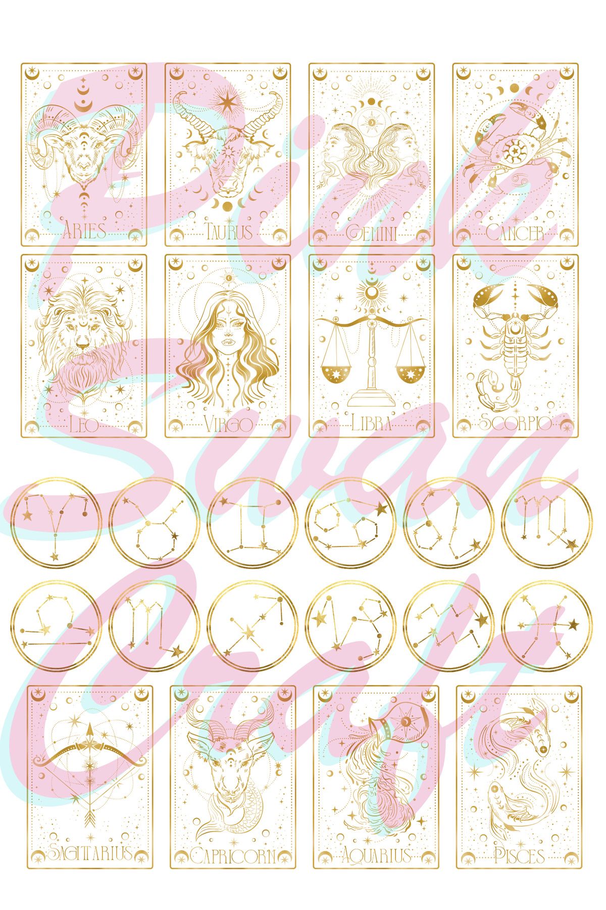 Pink Swan Craft Altın Zodiac Tarot Etiket Seti, Bullet Journal, Scrapbook, Ajanda, Sticker Seti