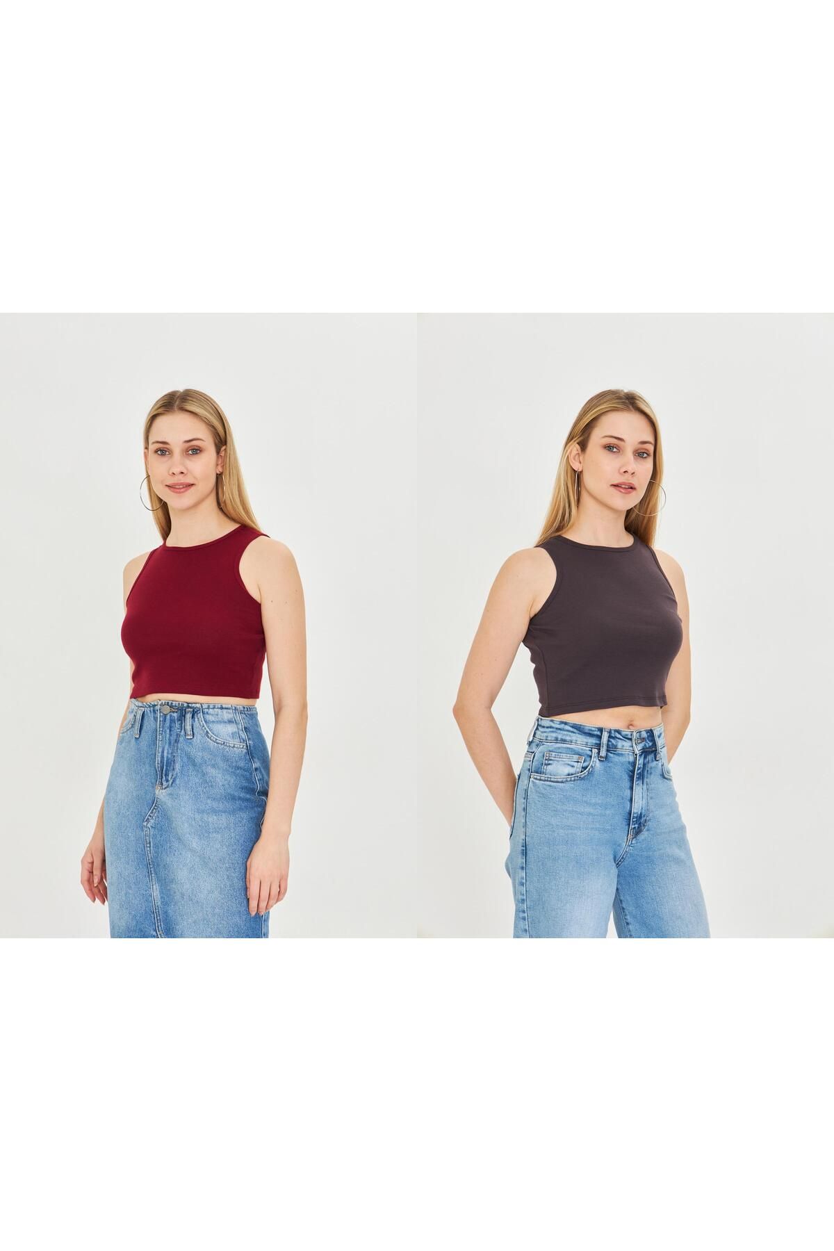 Dİ GİYİM BORDO-KAHVE 2'li Paket Fitted/Vücuda Oturan Crop Atlet