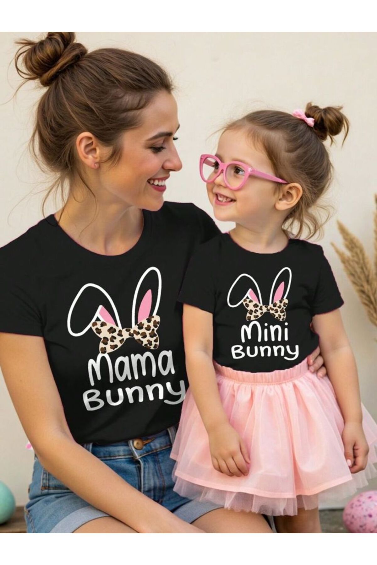 MAGORS MAMA BUNNY VE MINI BUNNY BASKILI BİSİKLET YAKA PAMUKLU KISA KOLLU ANNE VE KIZ TİŞÖRTÜ