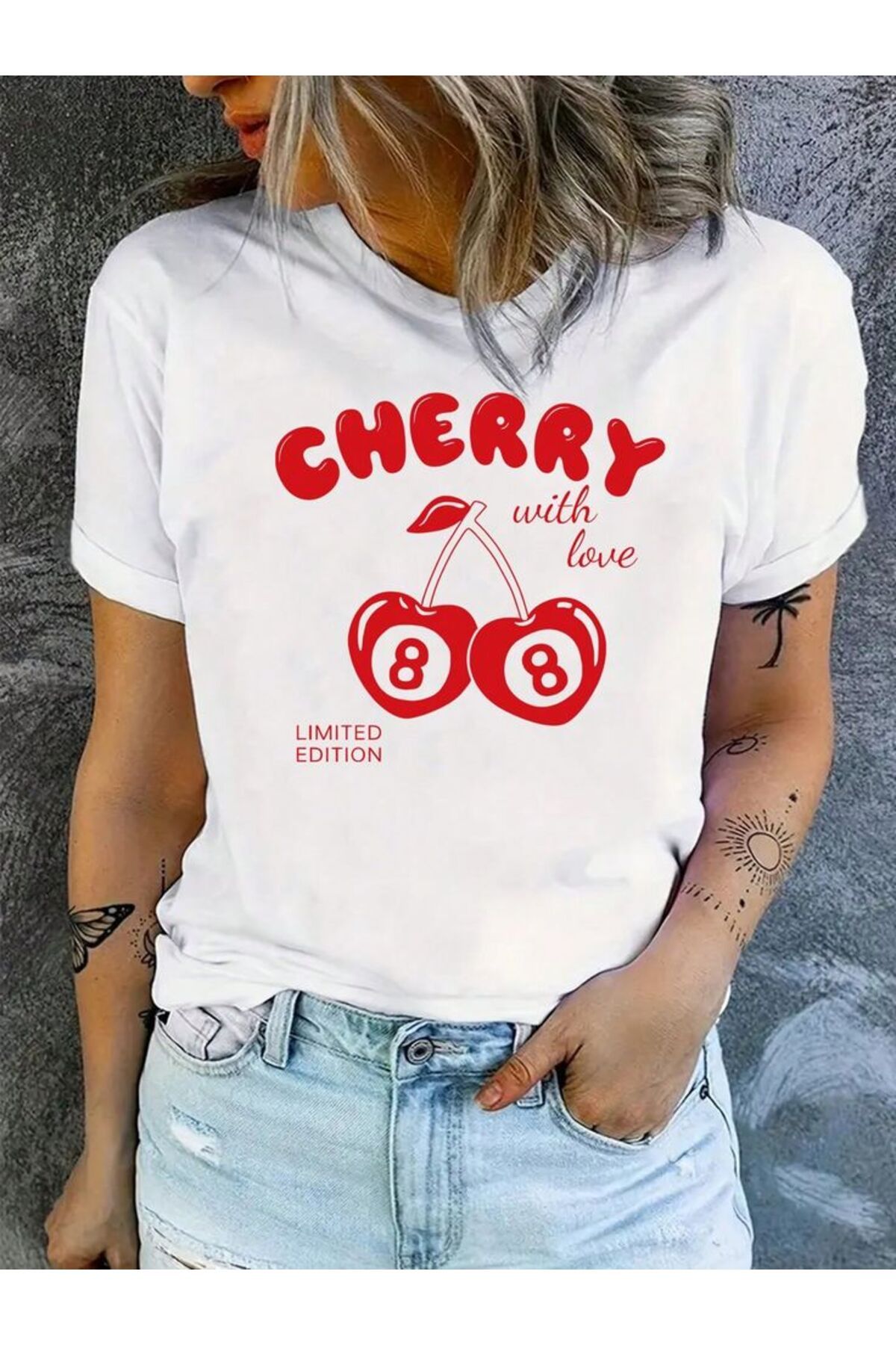 MAGORS CHERRY BASKILI BİSİKLET YAKA PAMUKLU KISA KOLLU NORMAL KALIP KADIN VE ÇOCUK TSHIRT