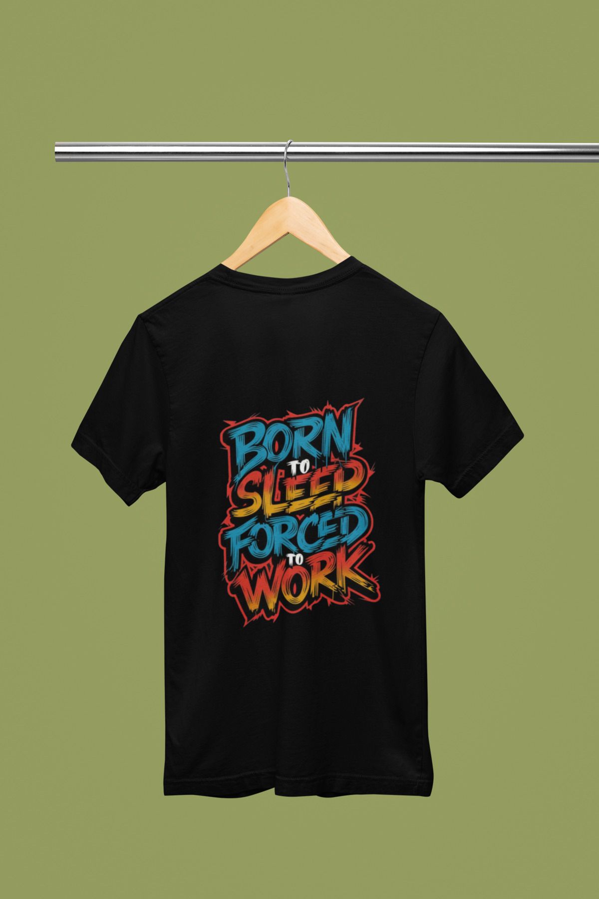 MAGORS BORN SLEEP FORCED WORK SIRT BASKILI BİSİKLET YAKA PAMUKLU OVERSIZE KALIP KISA KOLLU TSHIRT