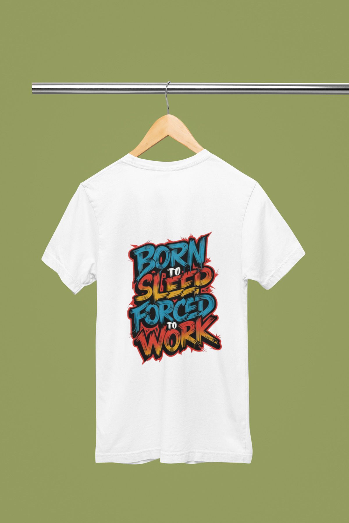 MAGORS BORN SLEEP FORCED WORK SIRT BASKILI BİSİKLET YAKA PAMUKLU OVERSIZE KALIP KISA KOLLU TSHIRT