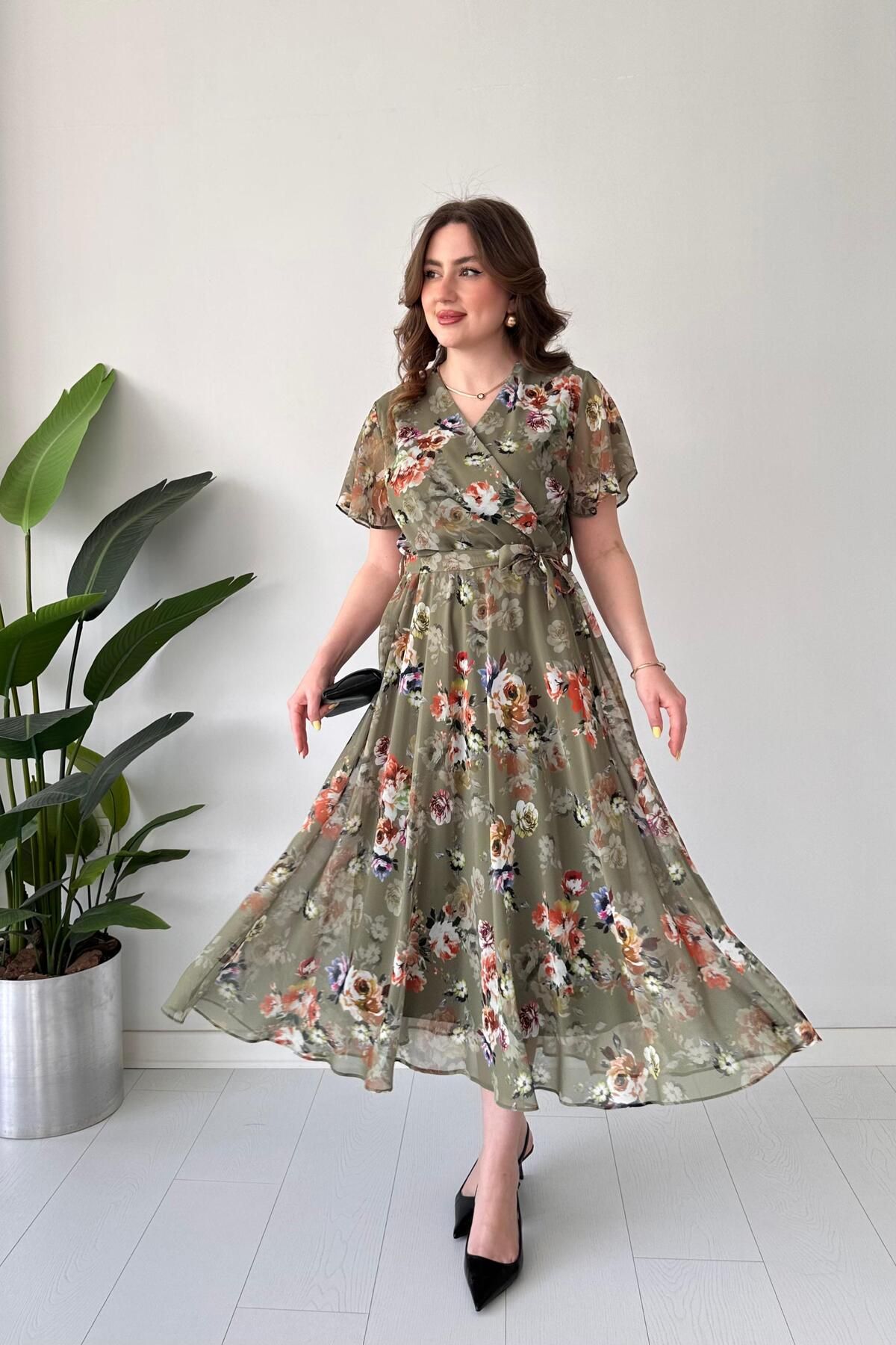 MaziButik Floral Şifon Elbise Nefti Yeşil