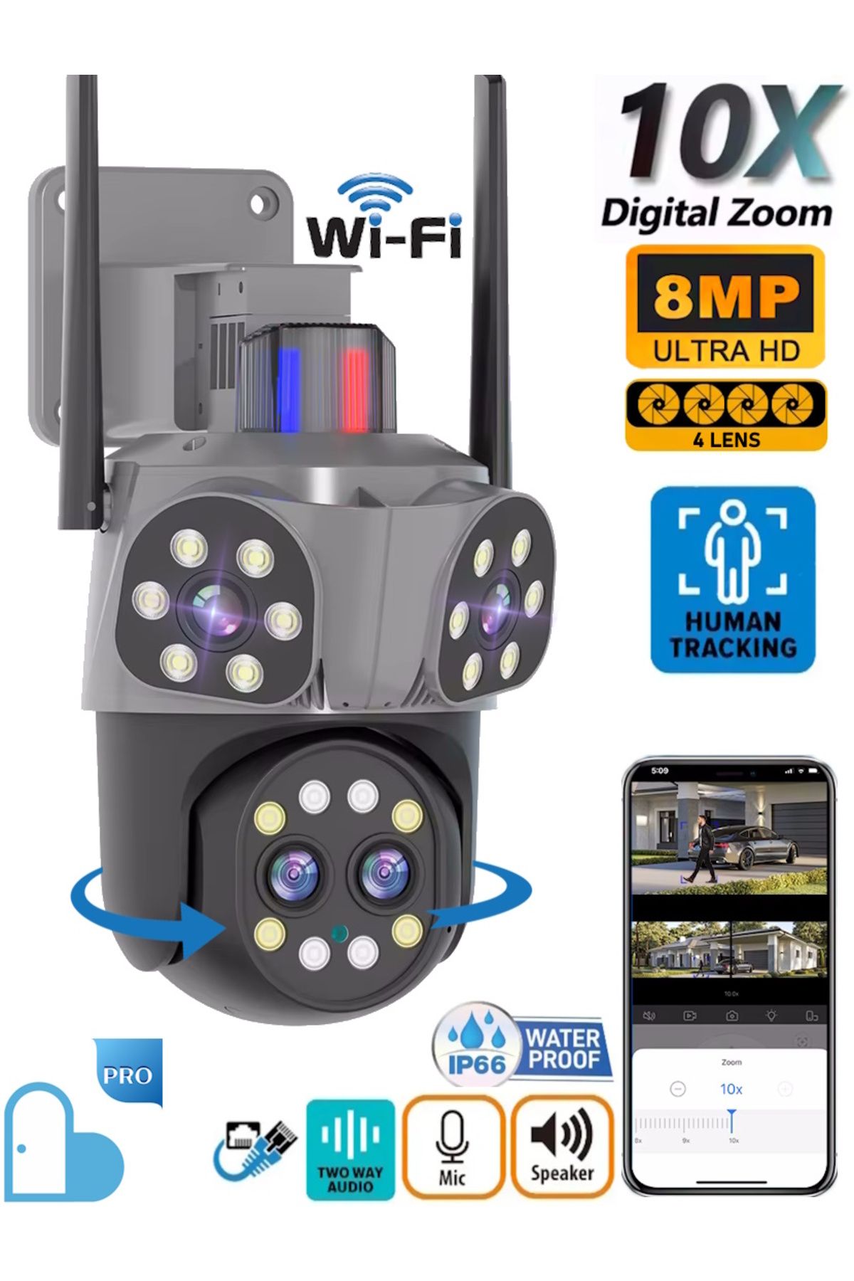 Ventus MPia Orino 4 Lens 8MP 10X Zoom Akıllı Kamera Gece Görüş Uzak İzleme 360° Hareketli WiFi Waterproof