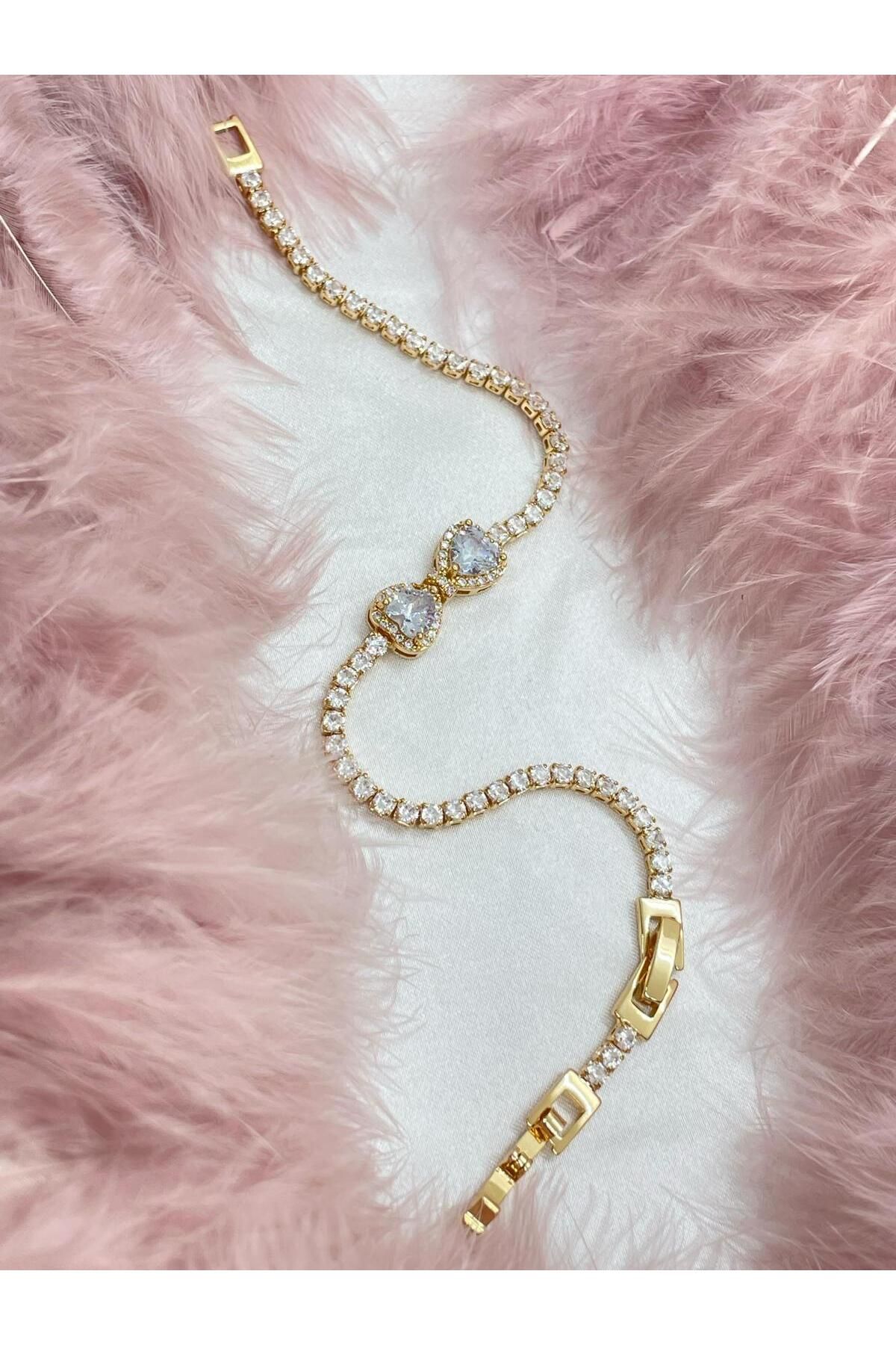 melif accesories Gold Renk İki Kalp Sonsuzluk Figürlü Zirkonyum Taşlı Bileklik