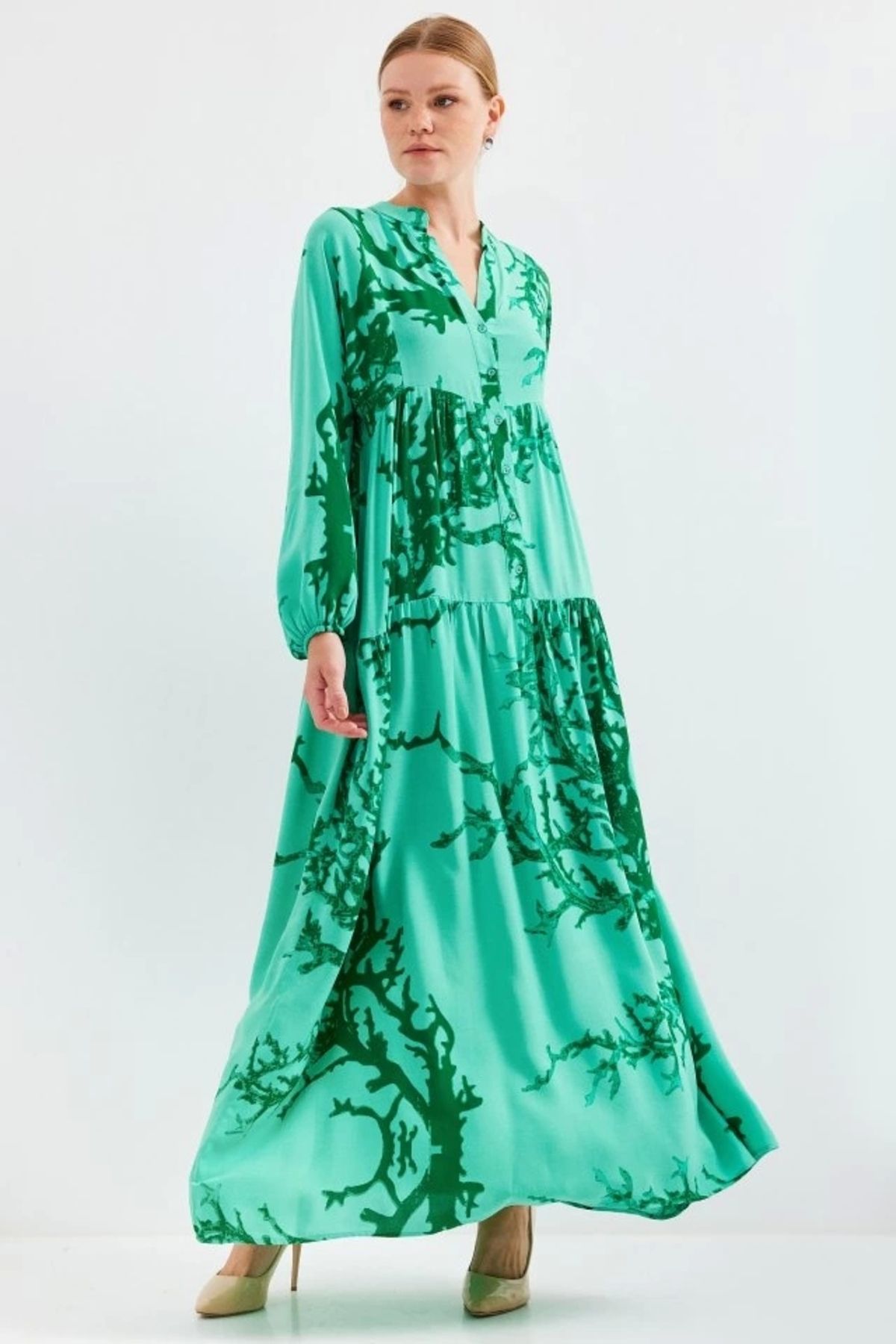 Butik Koyu Yeşil Viskon Tesettür Elbise 2423