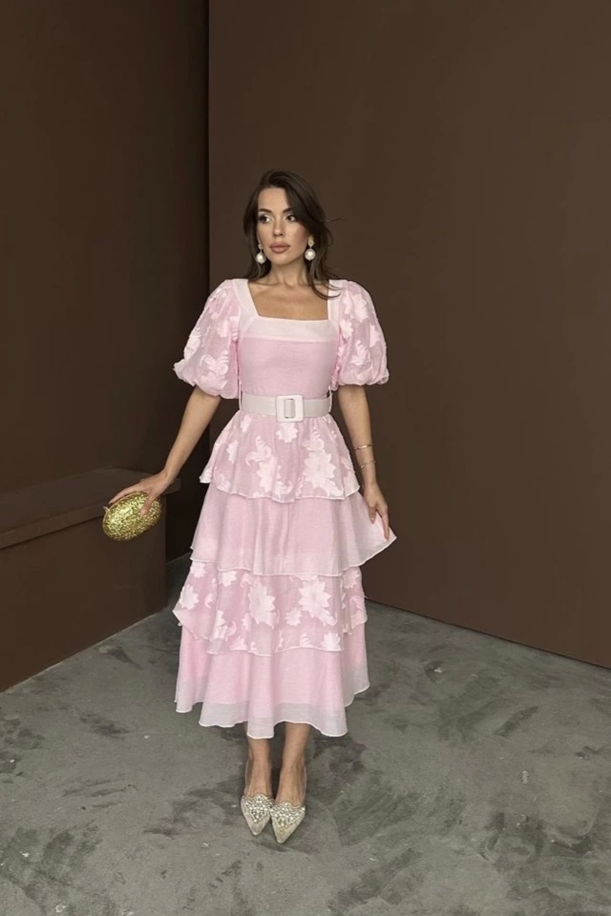 Butik Pembe Balon Kollu Kat Kat Elbise
