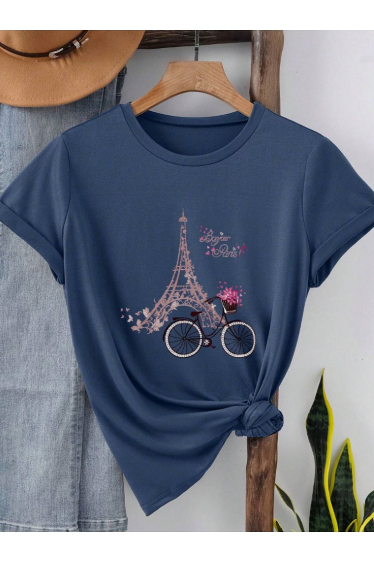 Trend Sizde Unisex Pamuklu Eyfel Kulesi Ön Baskılı Tasarım Tshirt