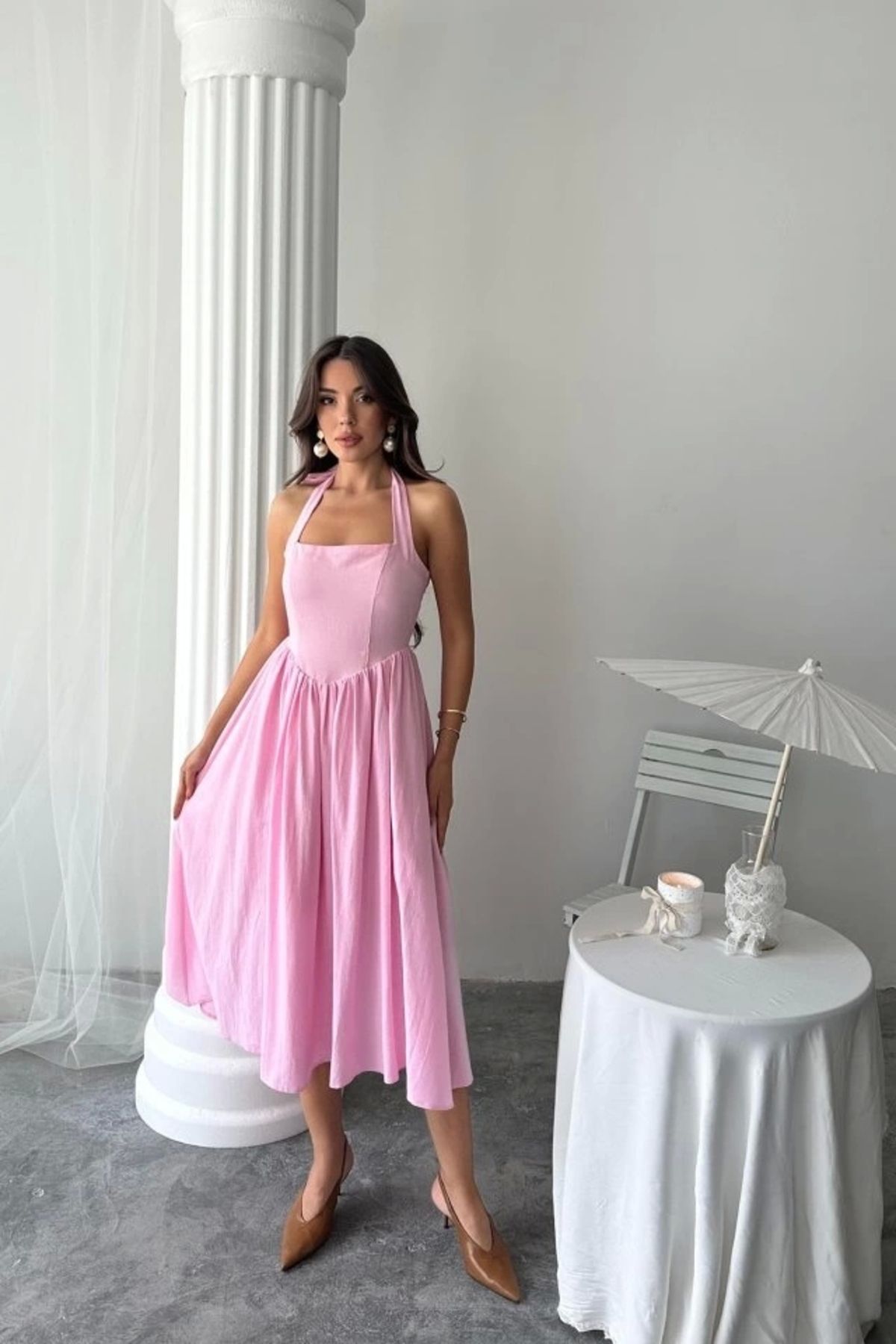 Butik Pembe Boyundan Bağlamalı Keten Elbise