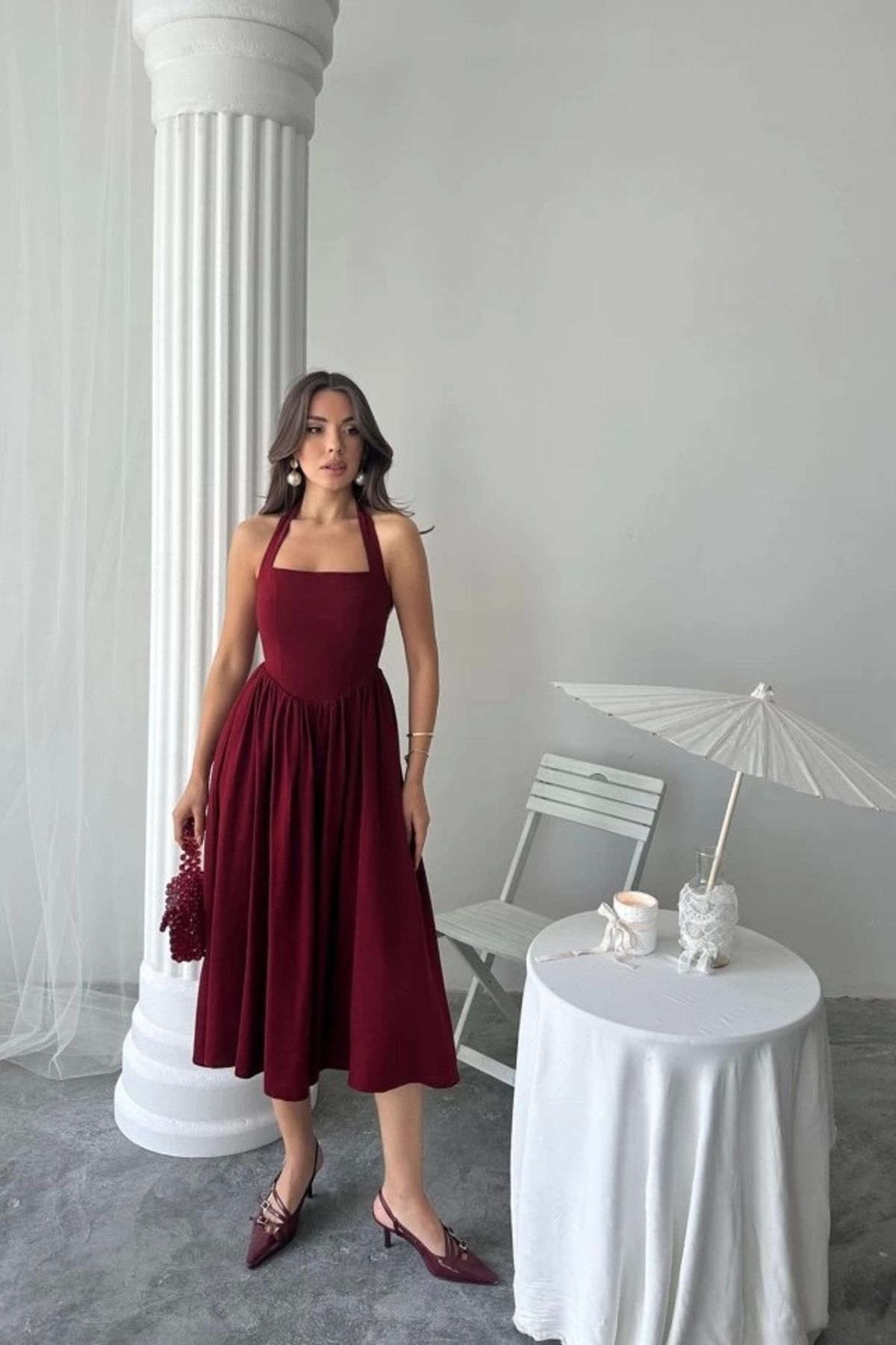 Butik Bordo Boyundan Bağlamalı Keten Elbise