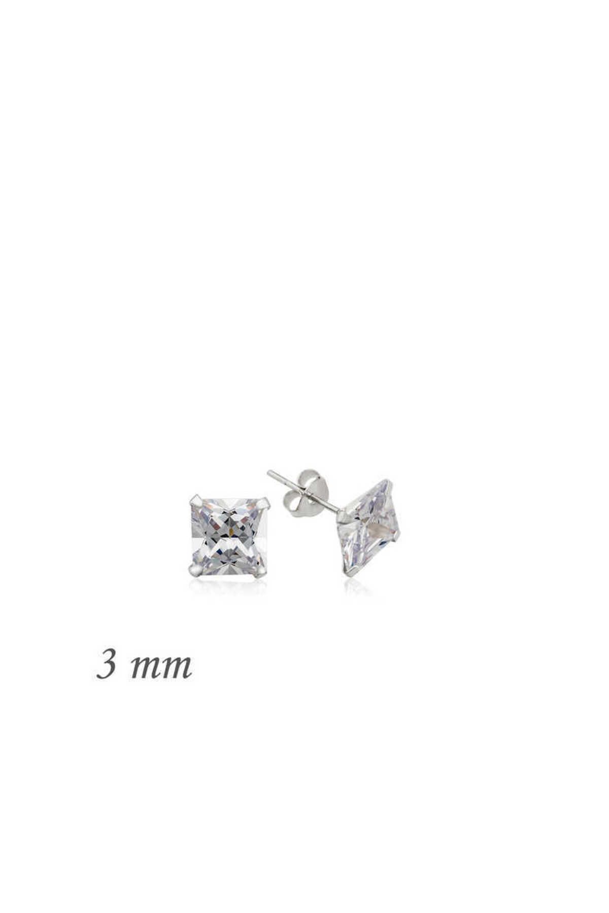 S PAZARIM Gümüş Kare Tek Taş Zirkon Küpe - 3 mm