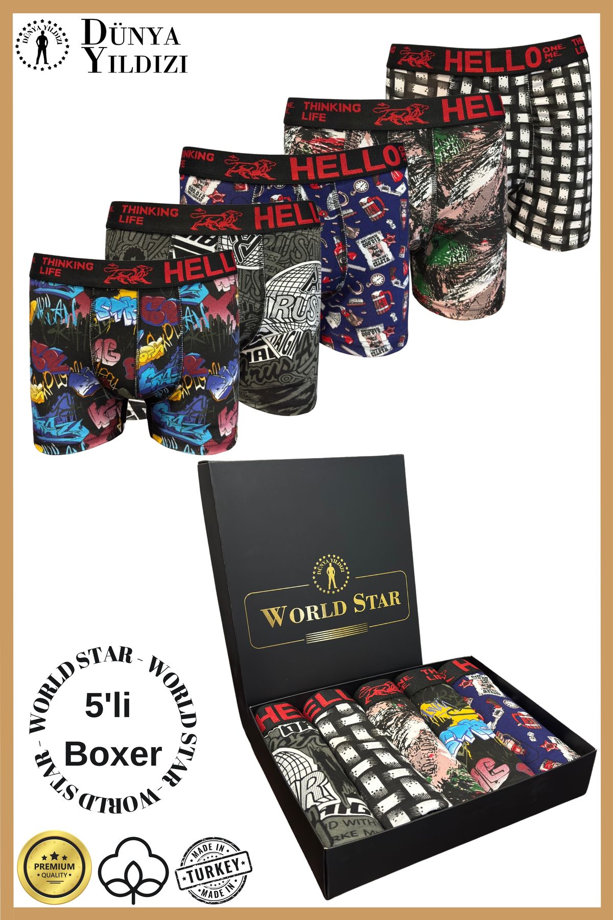World Star 5'li Desenli Erkek Boxer – Pamuklu ve Likralı – Kutulu Paket