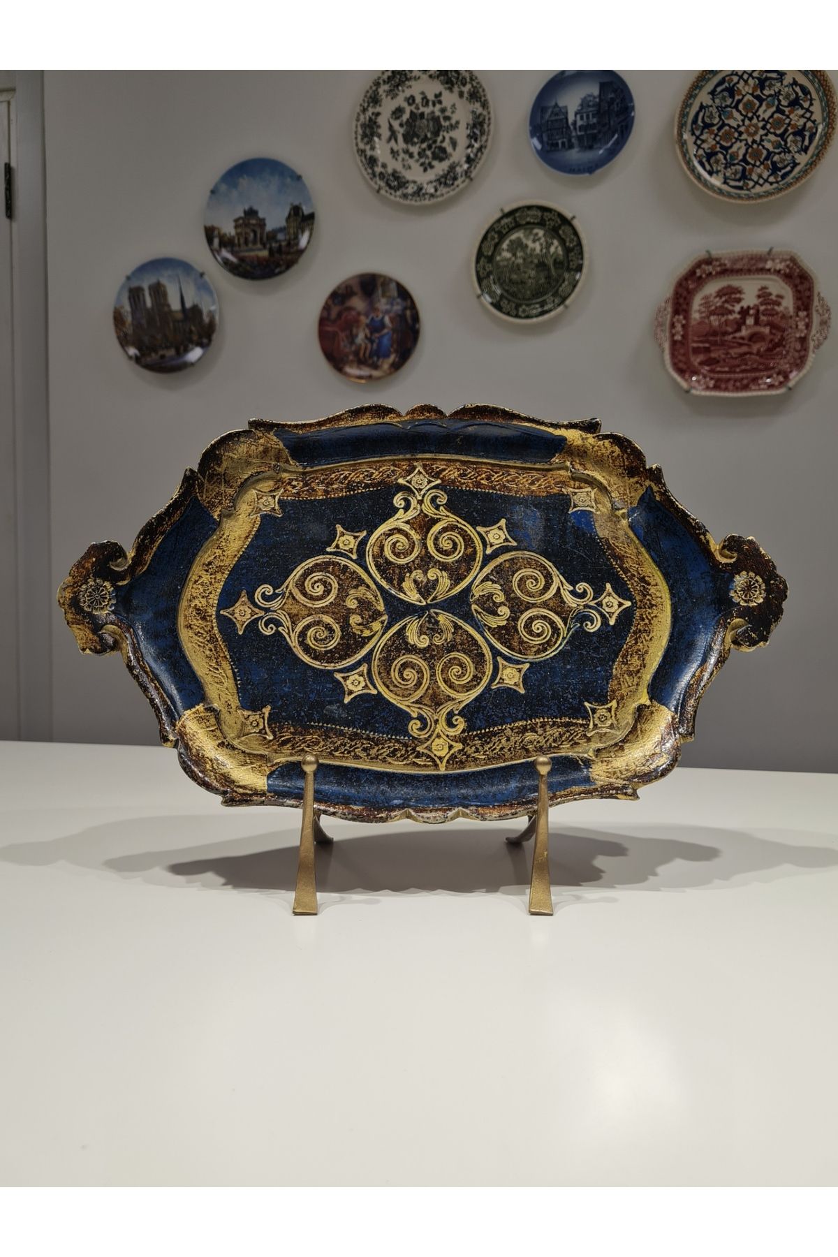 EL YAPIMI El Yapımı Vintage Floransa Tepsisi (Gül Ağacı, Mavi-Gold Desenli, 35.5x22 cm)