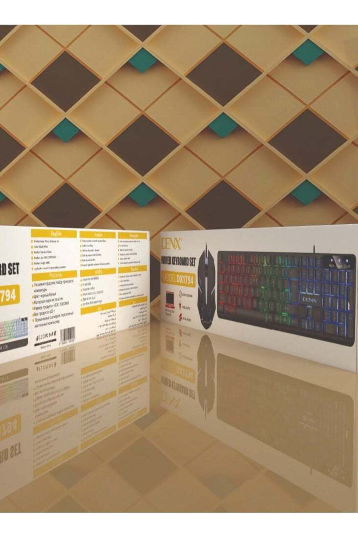Denx-مجموعة لوحة مفاتيح سلكية، لوحة مفاتيح ألعاب LED مع مجموعة ماوس بيضاء مع لوحة ماوس ألعاب سوداء/زرقاء، 3