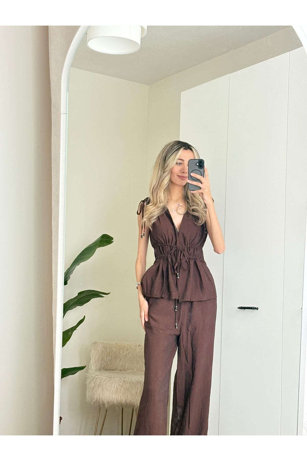 MODA Kahve Omuz Bel Büzgülü Bluz Pantolon Takım