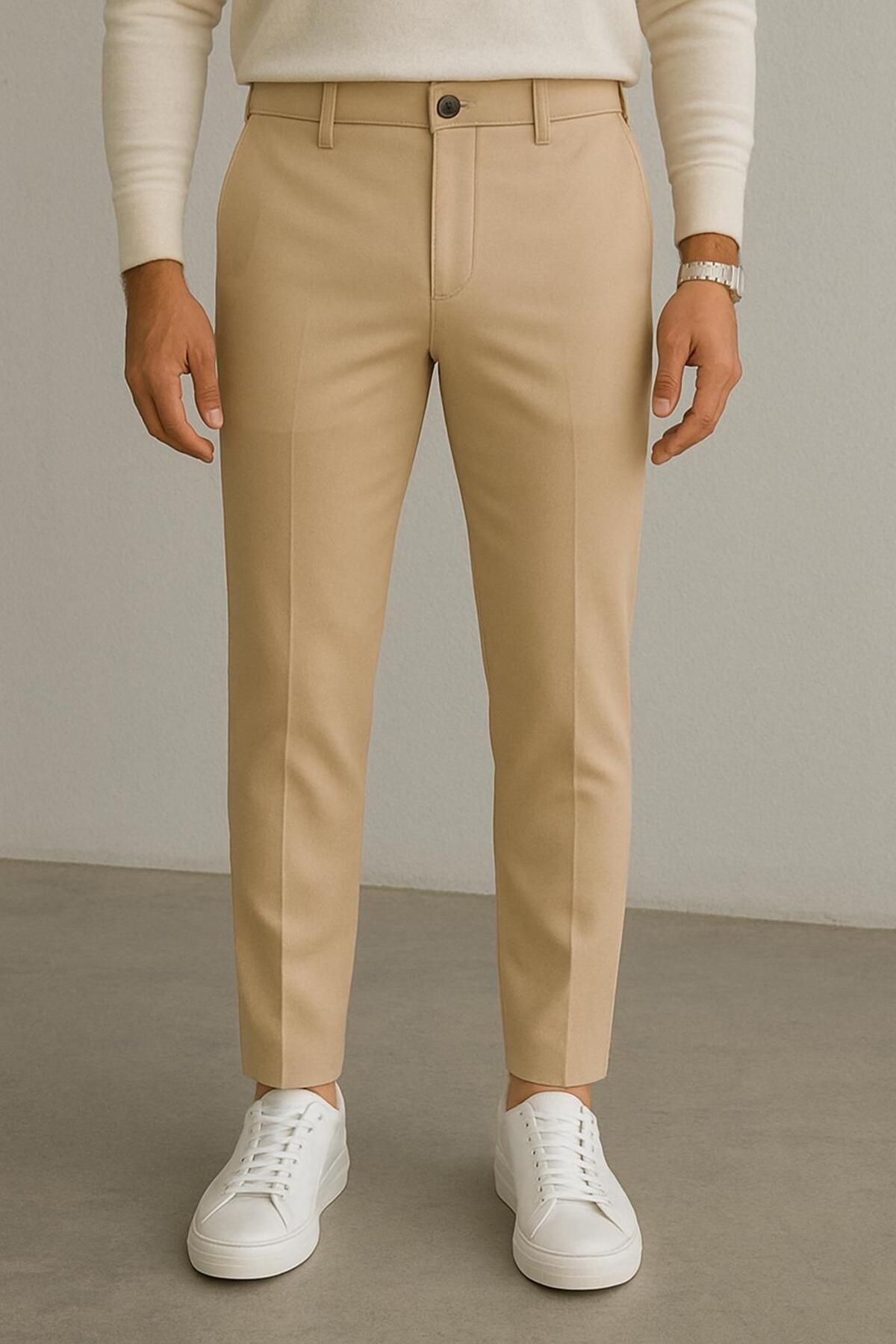 Tutals Erkek Bej Renk İtalyan Kesim Bilek Boy Slim Fit Rahat Kalıp Kumaş Pantolon