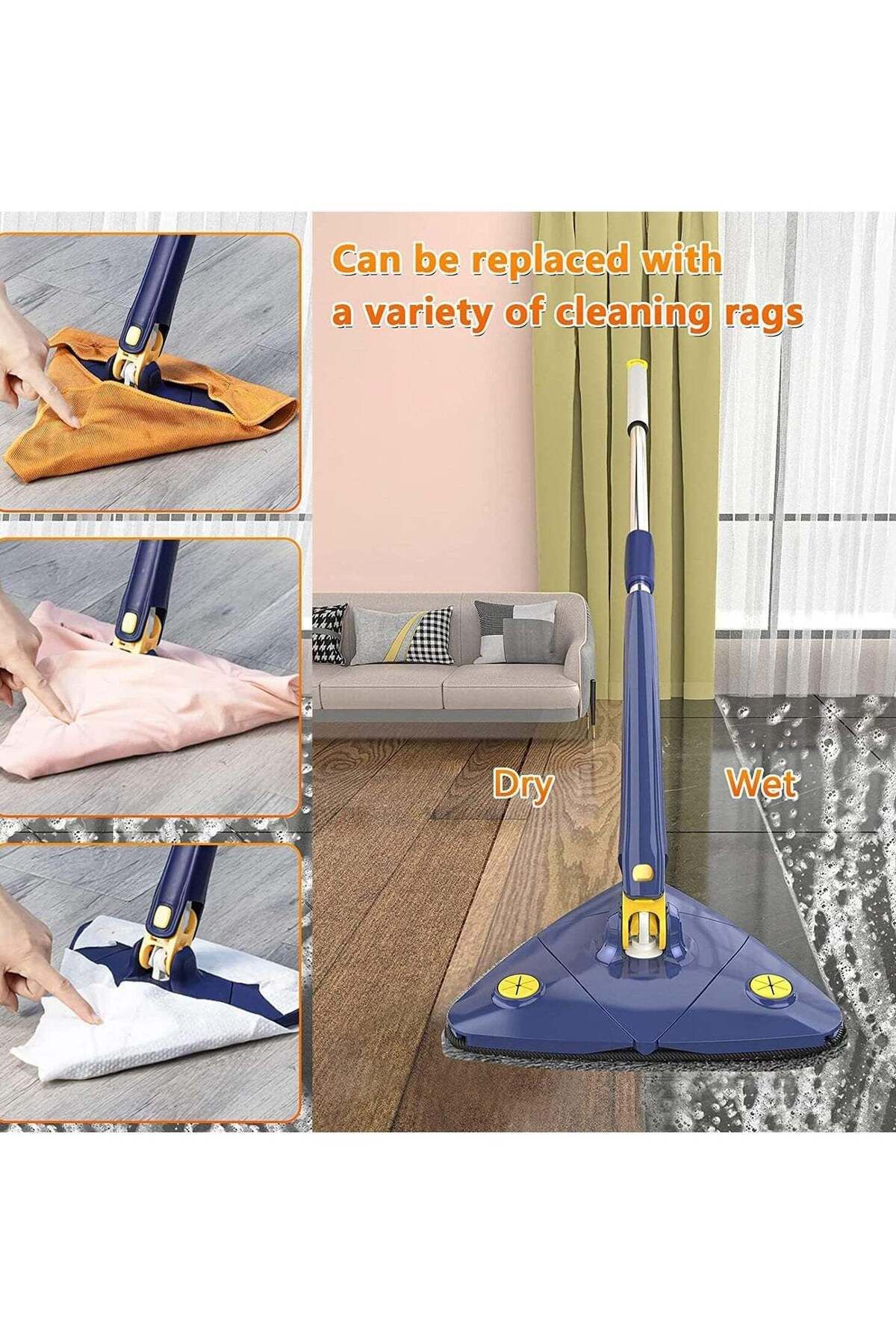 Denx-360° Rotatable Adjustable Cleaning Mop Extendable Triangle Mop with Long Handle Hand Twist Quick Dry 2