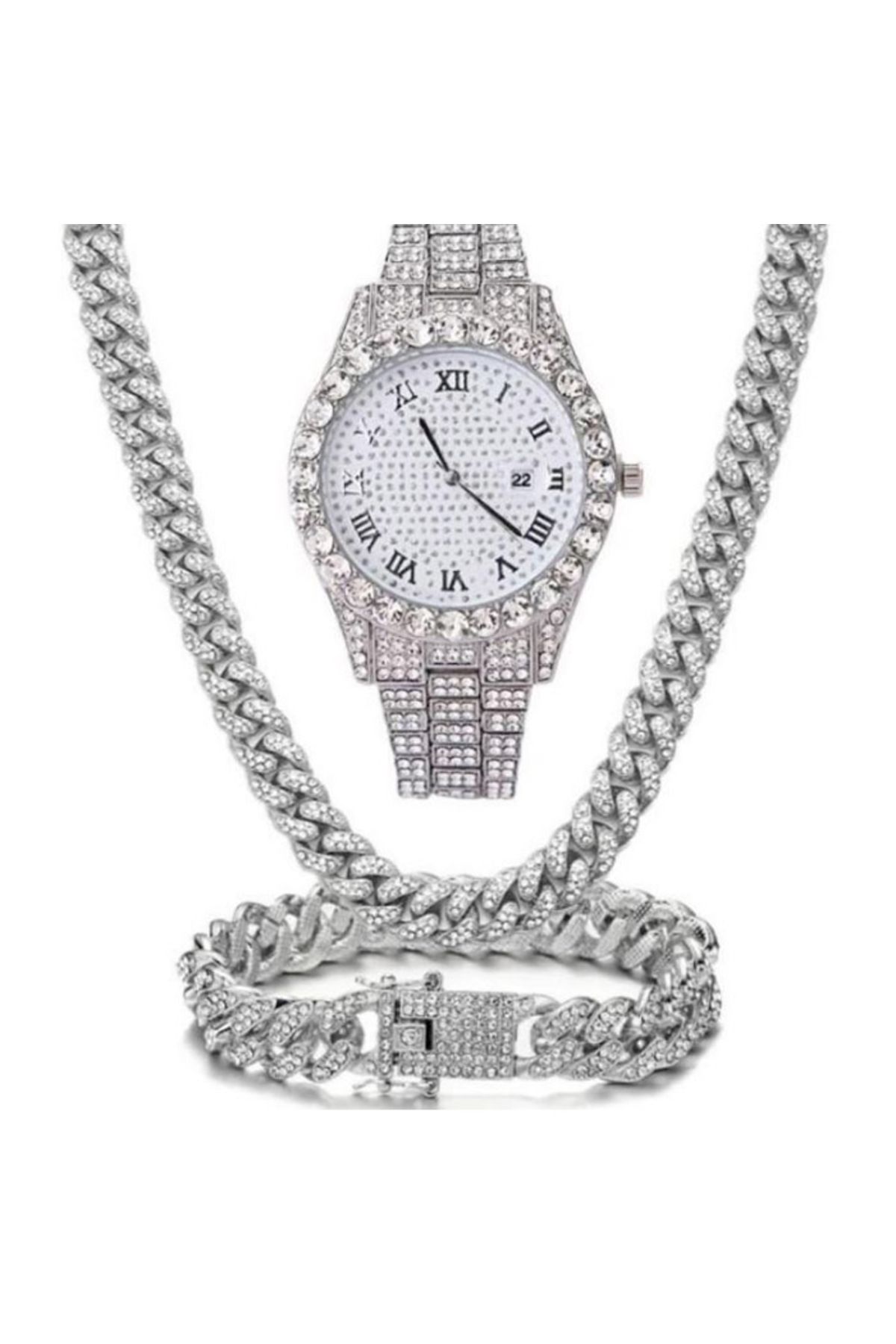 REDz Accessories Set Cadou Cu 3 Accesorii Cubaneze, Bărbați, Cristale De Zirconiu, Cascadă De Cristal, Oțel Inoxidabil, Argintiu Masculin - One Size