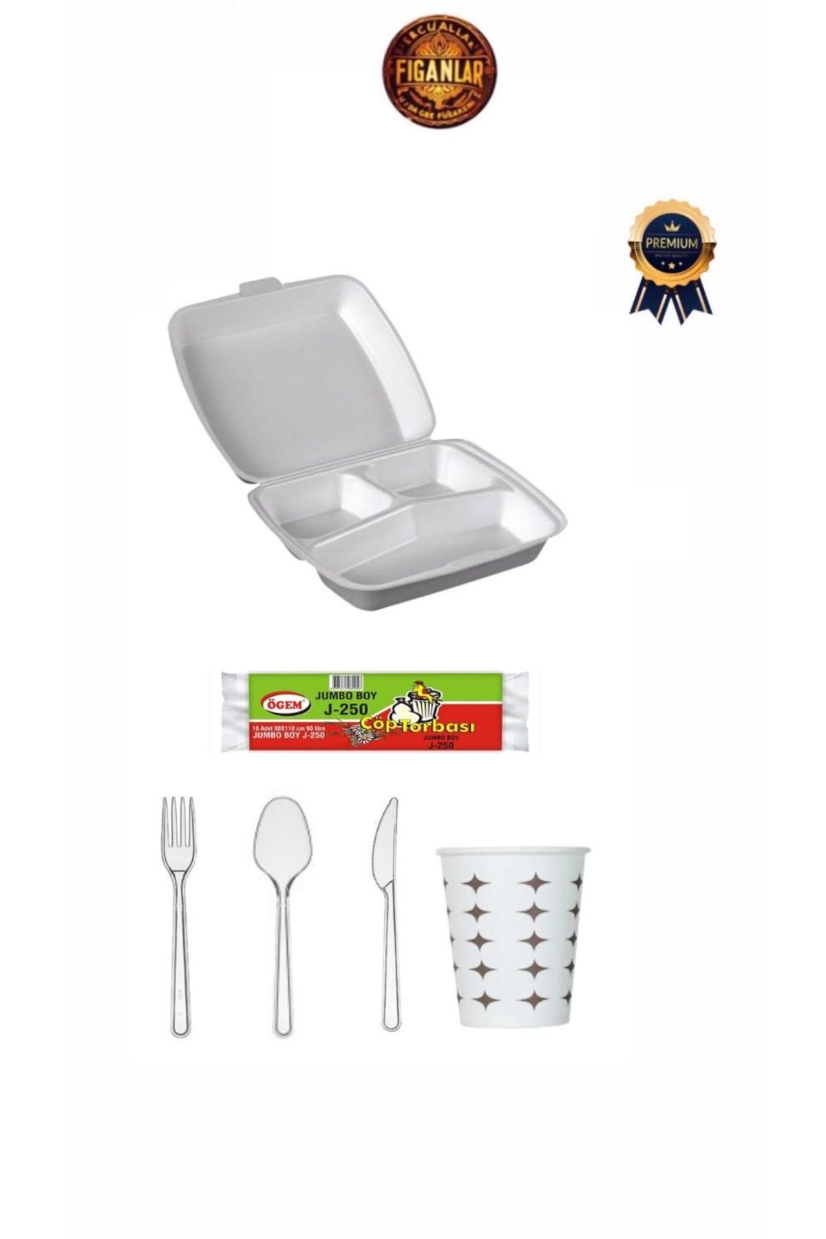 figanlar ambalaj 10 Kişilik Piknik Mevlid Seti 3 Bölmeli Kapaklı Köpük Tabak Çatal Kaşık Bıçak Bardak+ Çöp Poşeti