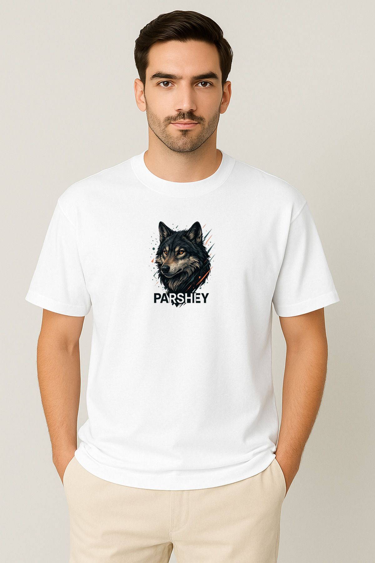 PARSHEY Erkek - Kadın Unisex Yarım Kollu Parshey Kurt Baskılı Bisiklet Yaka %100 Pamuk Oversize T-shirt