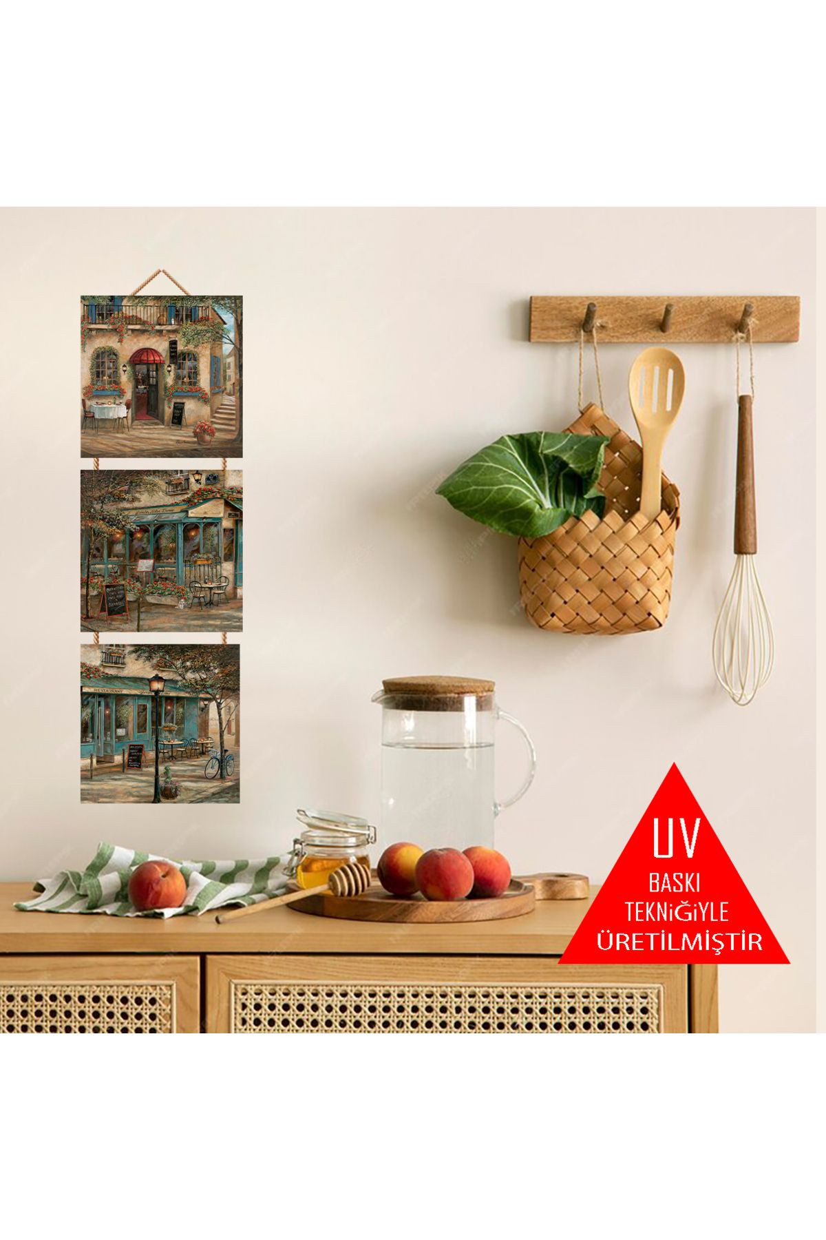 TAKIFİX Restaurant Cafe Temalı 3 Adet 15 x 15 x 45 CM İpli MDF Tablo SET