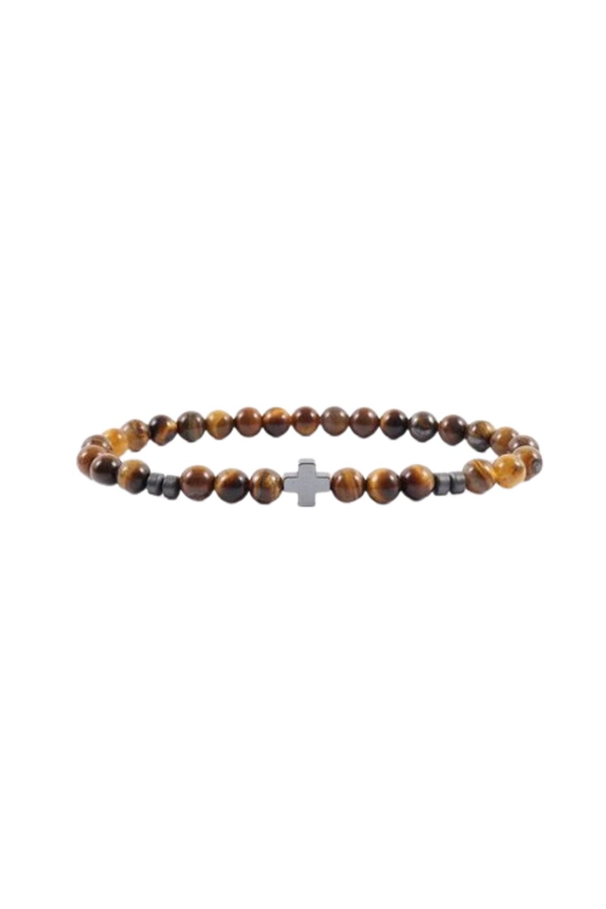 REDz Accessories Brățară Cu Cruce Tigris, Mărgele, Pentru Bărbați, Elastică, La Modă, Maro Masculin - Adjustable