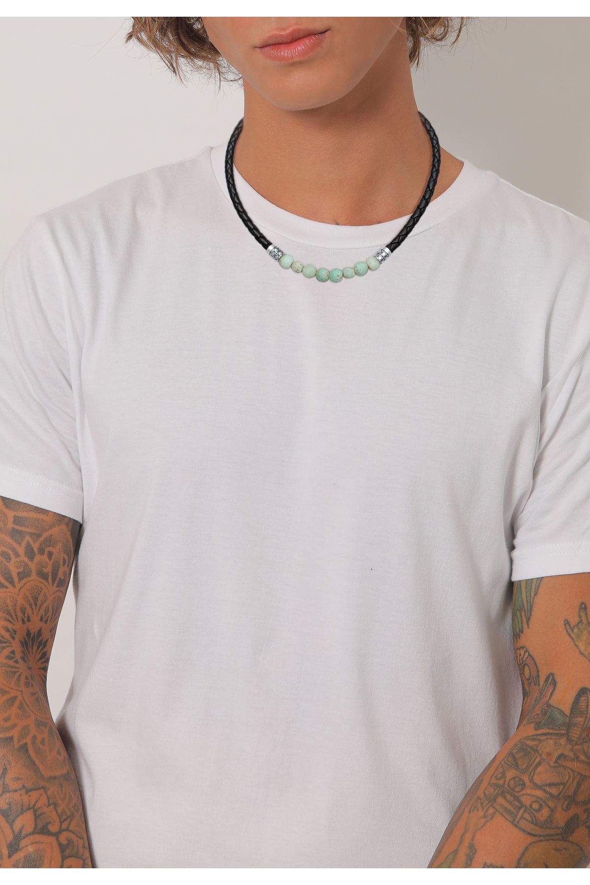 KUZZOI-Halskette Herren Glasperlen Basic mit Leder in 925 Sterling Silber 5