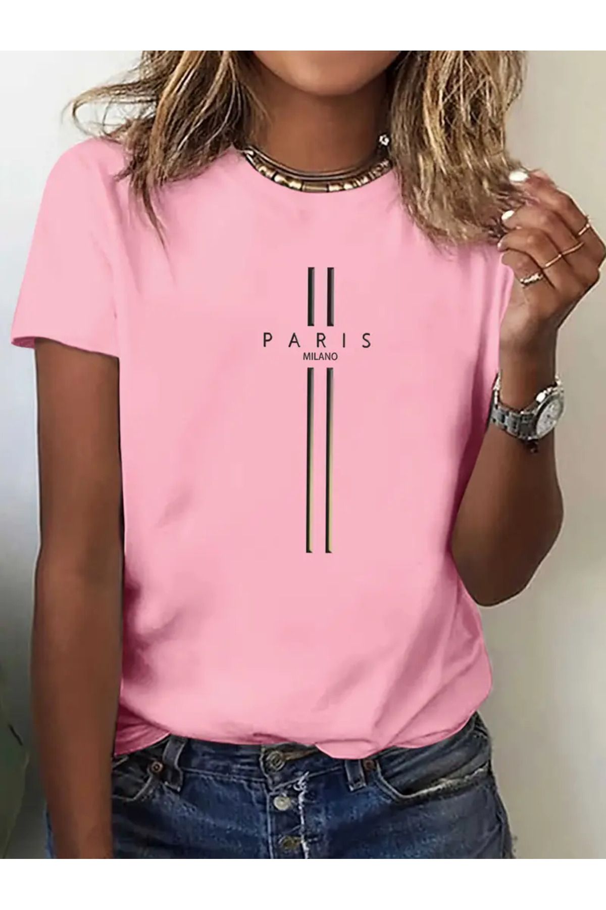 LAND MODA Kadınların Şık Paris Baskılı T-Shirt'i - Altın Detaylı Rahat Yuvarlak Yaka Kısa Kollu Tişört,