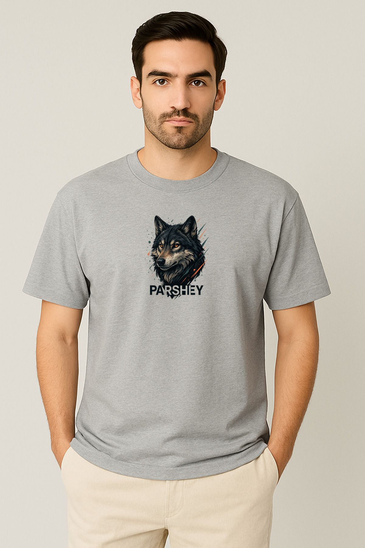 PARSHEY Erkek - Kadın Unisex Yarım Kollu Parshey Kurt Baskılı Bisiklet Yaka %100 Pamuk Oversize T-shirt
