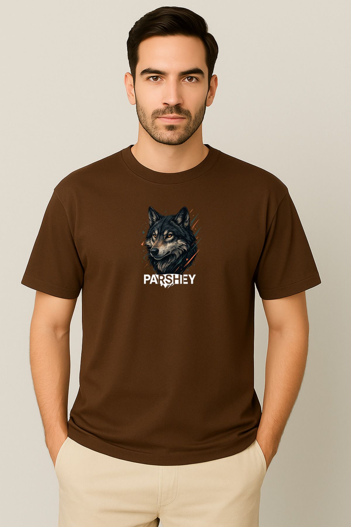 PARSHEY Erkek - Kadın Unisex Yarım Kollu Parshey Kurt Baskılı Bisiklet Yaka %100 Pamuk Oversize T-shirt