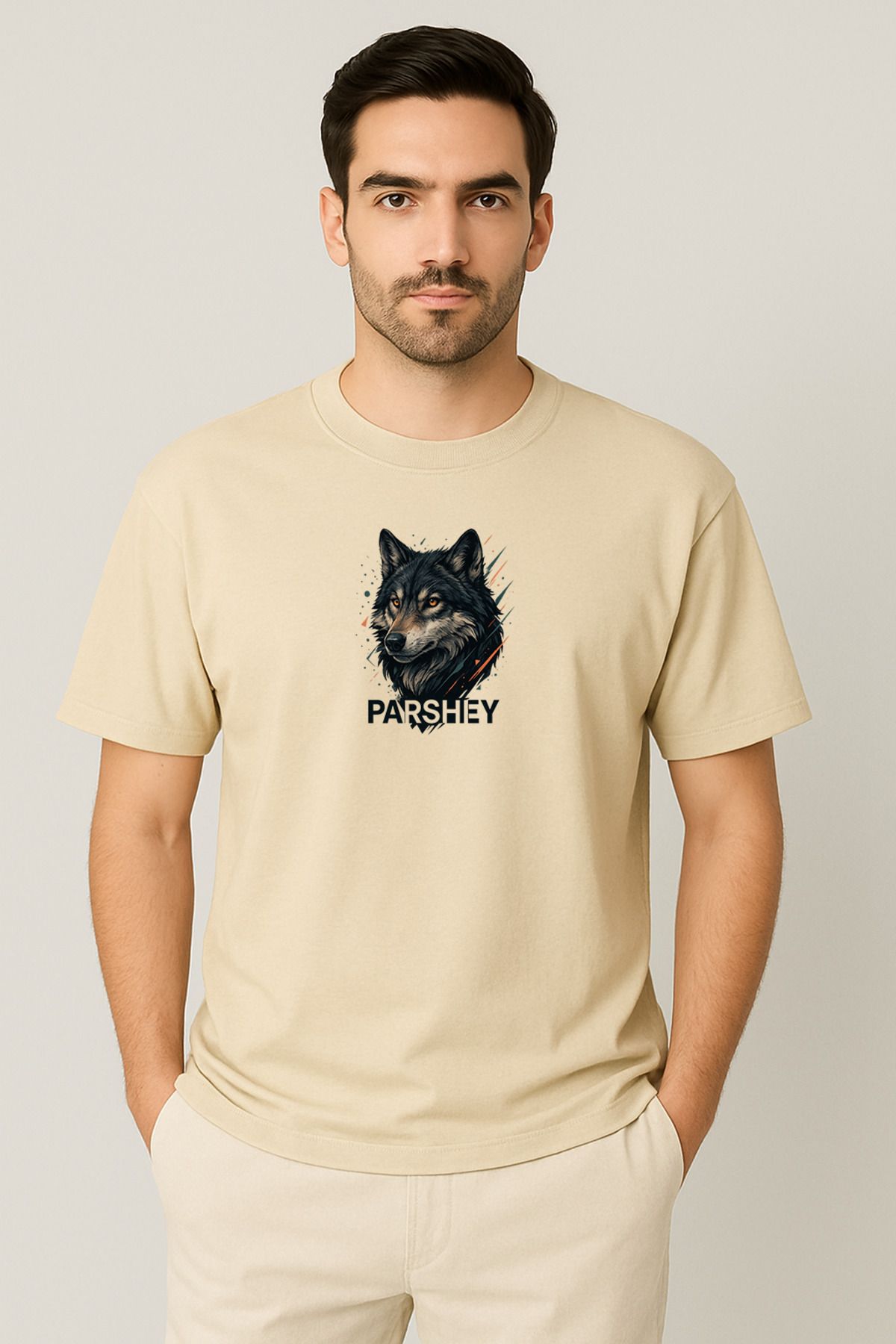 PARSHEY Erkek - Kadın Unisex Yarım Kollu Parshey Kurt Baskılı Bisiklet Yaka %100 Pamuk Oversize T-shirt
