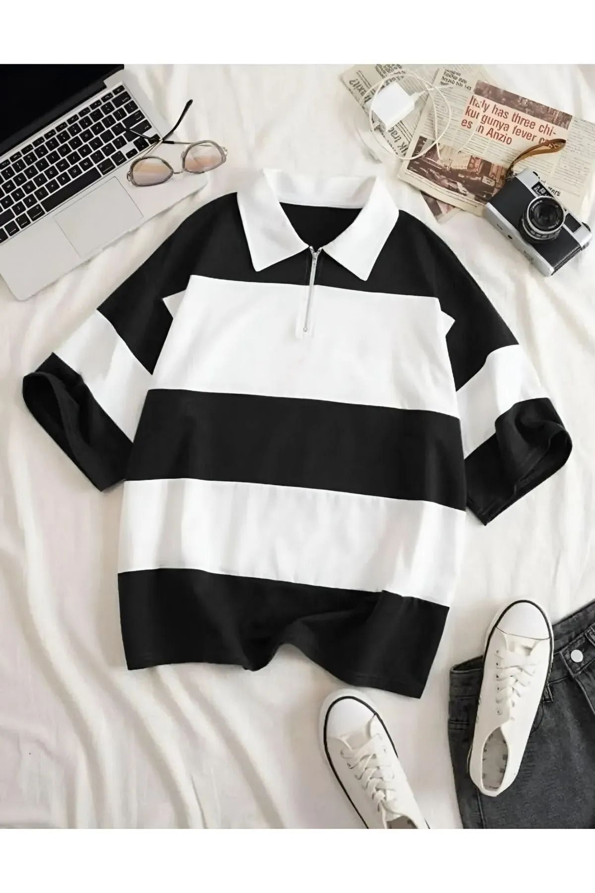 DESCARTES Kadın Çizgili Düz Fermuarlı Polo Yaka Oversize T-shirt