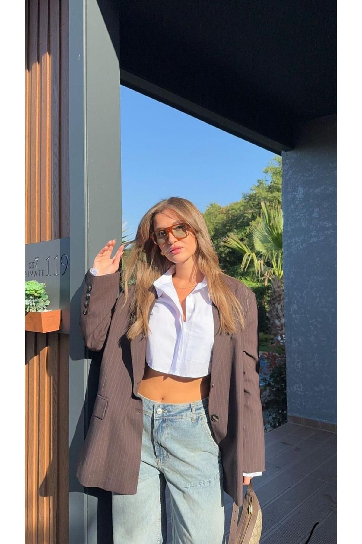 Lady Pixie Çizgili Acı Kahve Blazer Ceket