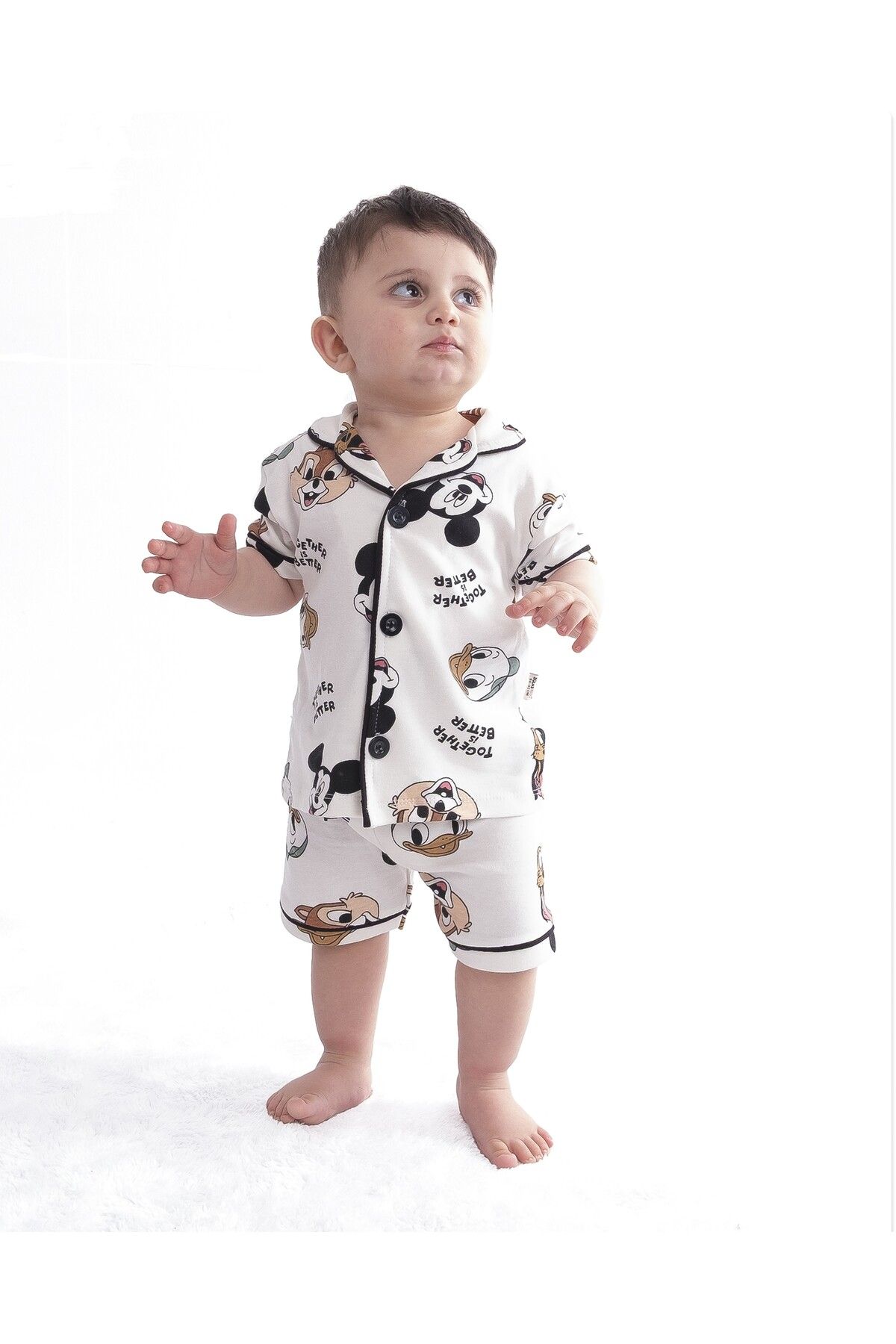Lino Baby Sevimli Hayvanlar Desenli Kruvaze Yaka Düğme Detaylı Yazlık Erkek Bebek Pijama Takımı 6-24 Ay Ekru