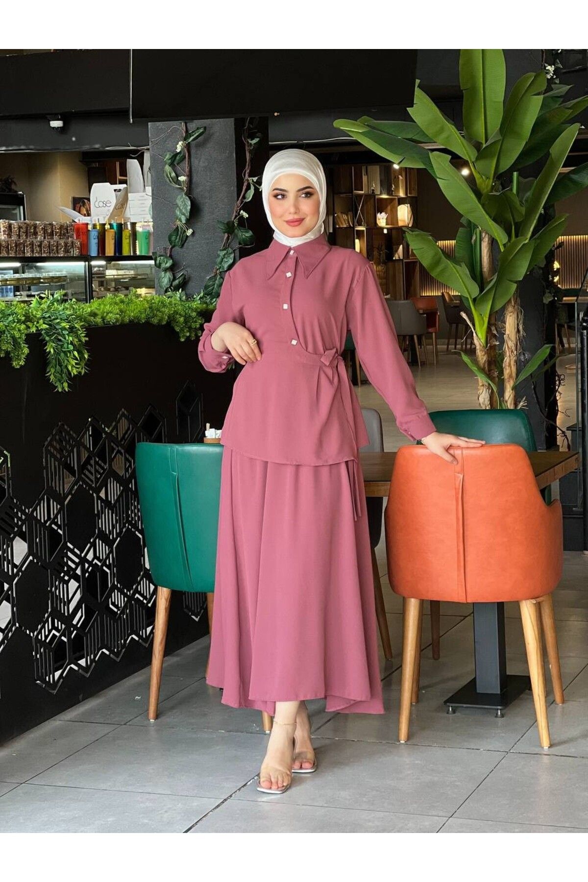 Esre Store 4517 - Krep Kumaş İkili Tesettür Takım Pembe