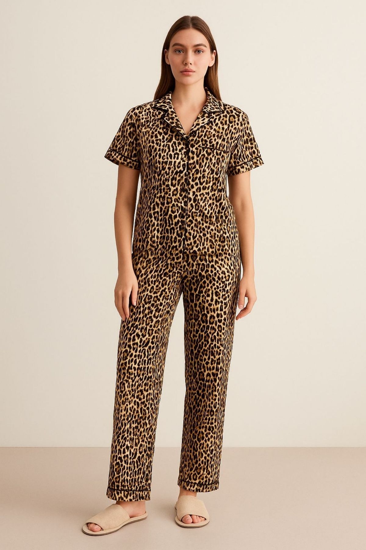 FENZO Kadın Kahverengi Leopar Desenli Pijama Takım Rahat Kalıp Düğmeli Biyeli Pamuklu Pijama Takım