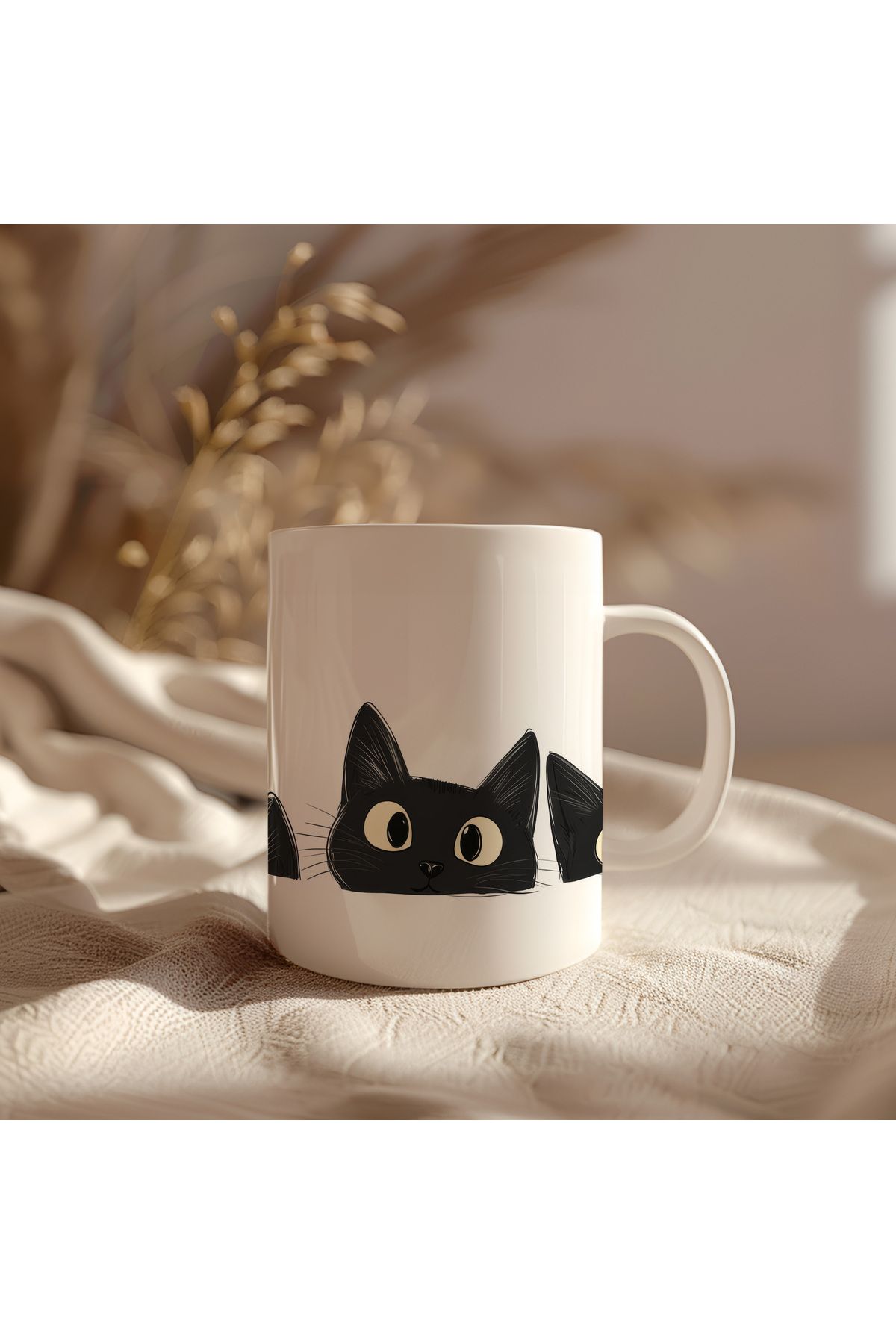 waspandhornet Siyah Kedi Desenli Beyaz Kupa Bardak