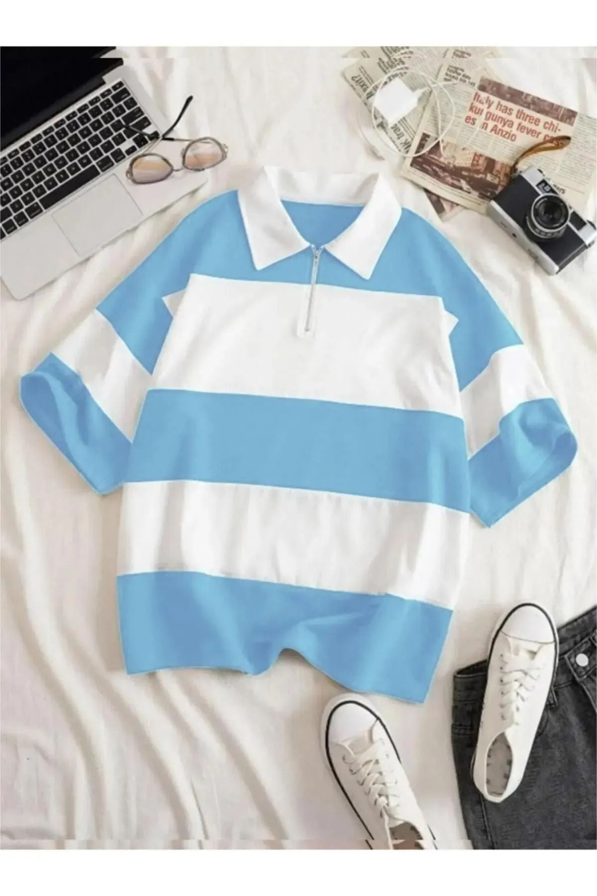 DESCARTES Kadın Çizgili Düz Fermuarlı Polo Yaka Oversize T-shirt