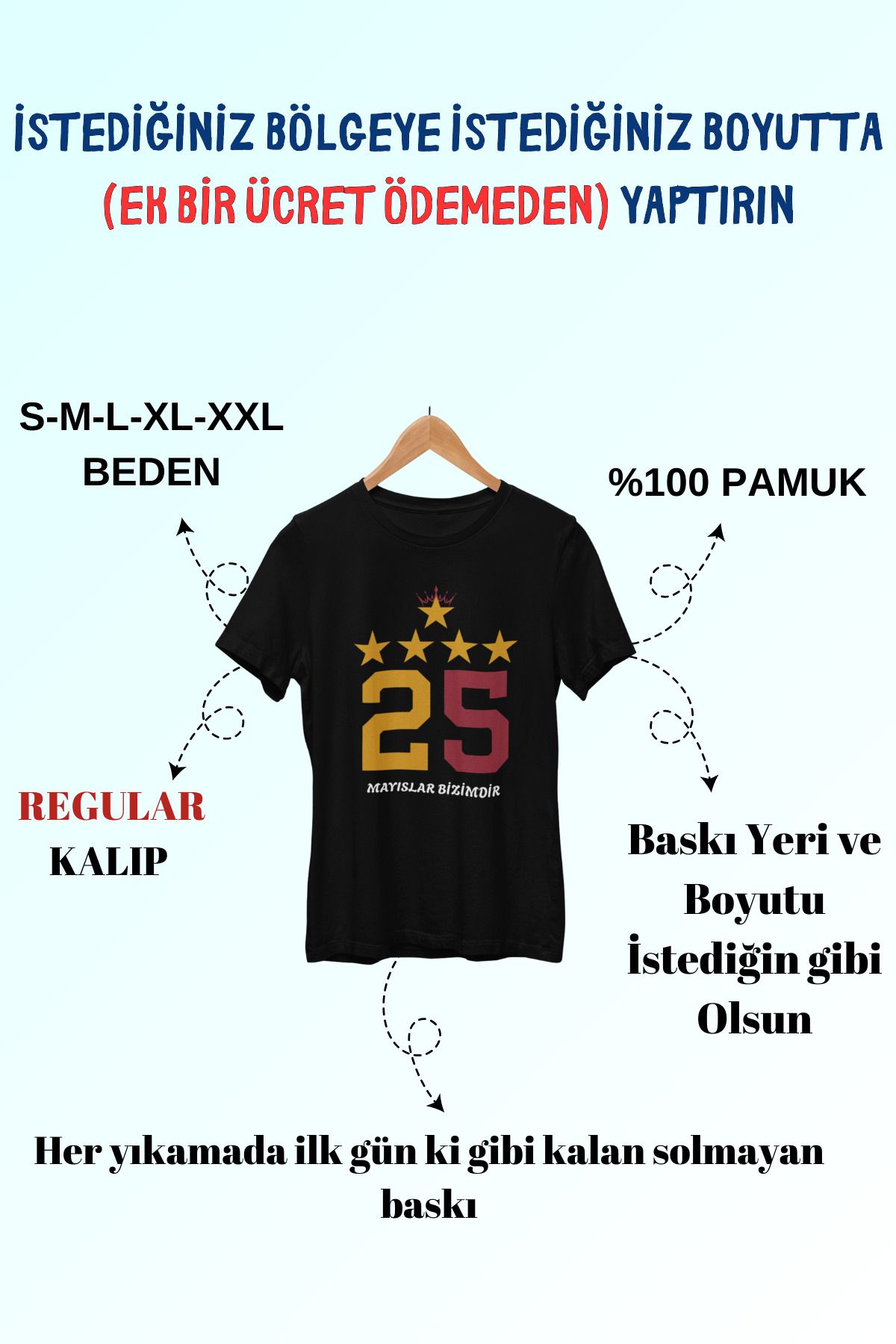 Tshirto Sarı Kırmızı 25. Şampiyonluk Tasarım Baskılı %100 Pamuk Bisiklet Yaka REGULAR T-shirt
